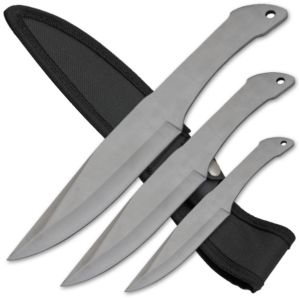 3 Piece Throwing Knife Set Pointed Handle, Silver