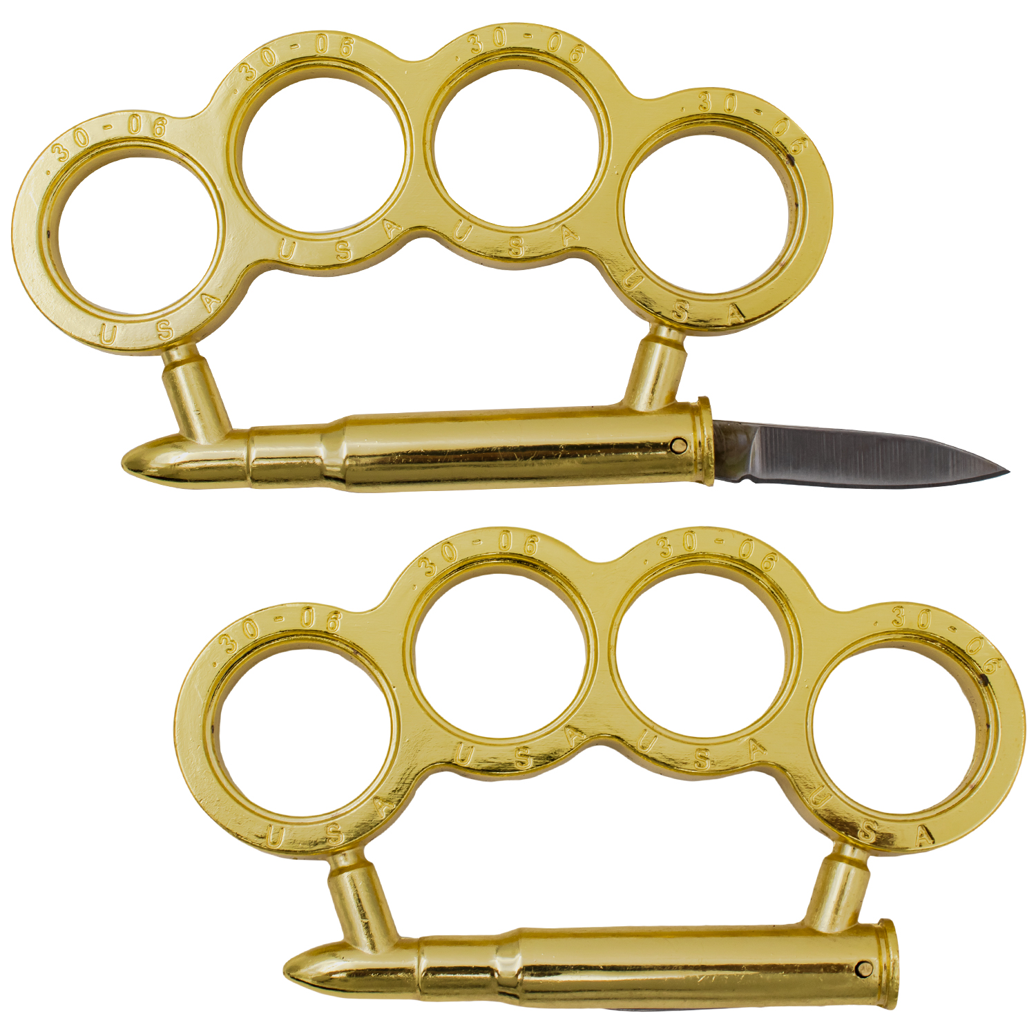 30 06 Caliber Bullet Brass Knuckle with Folding Knife Gold