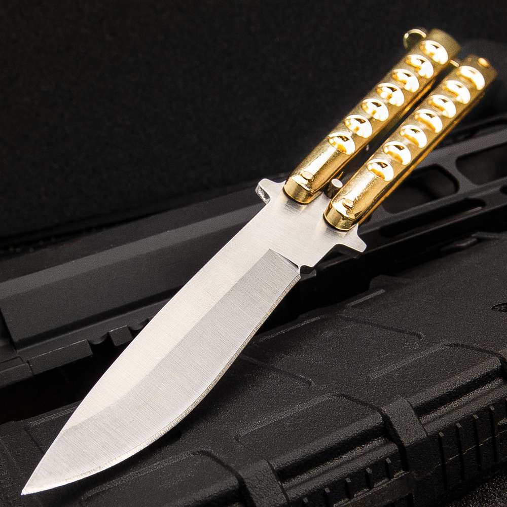 Gold Gyro Butterfly Knife - Stainless Steel Blade, Skeletonized Handle