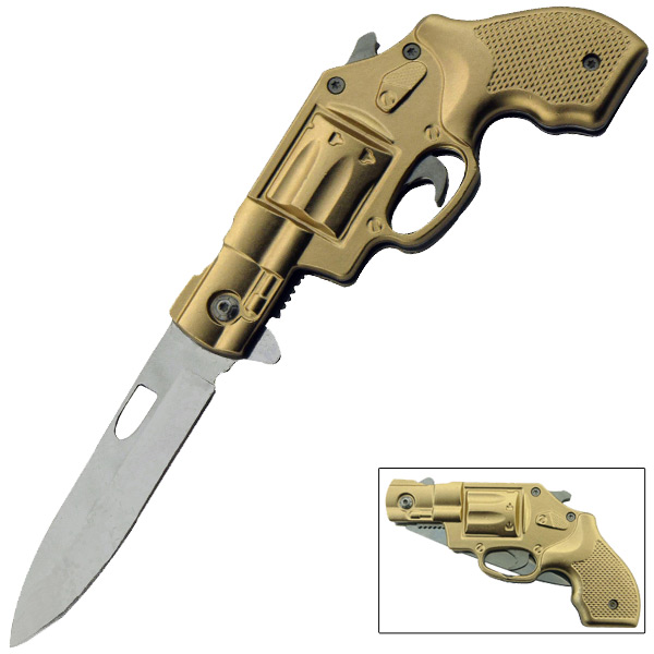 6 Shooter Revolver Pistol Spring Assisted Knife, Gold