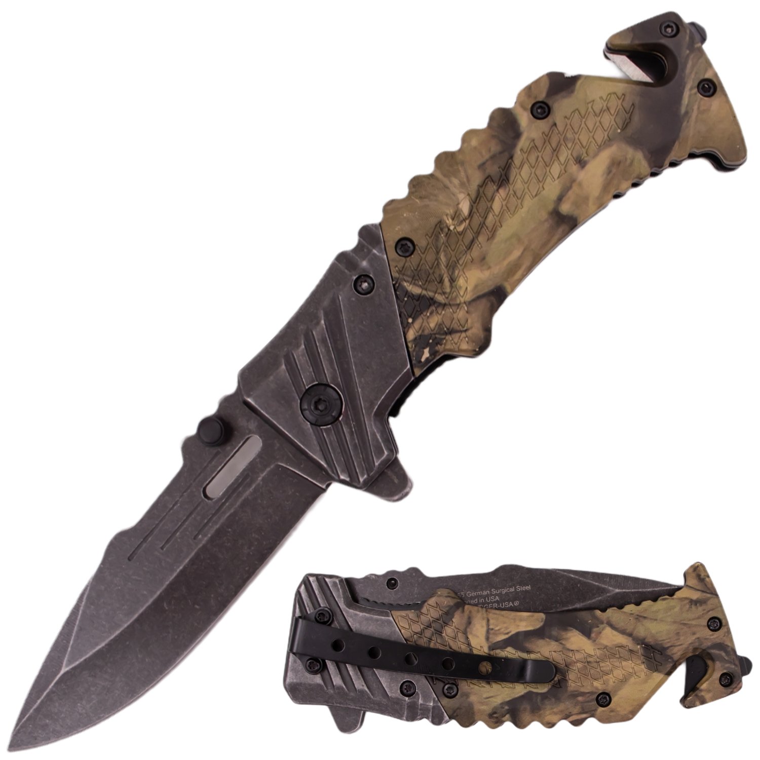 7 Inch Tiger USA Ergonomic Grip Stonewashed Spring Assisted Knife   Camo 6