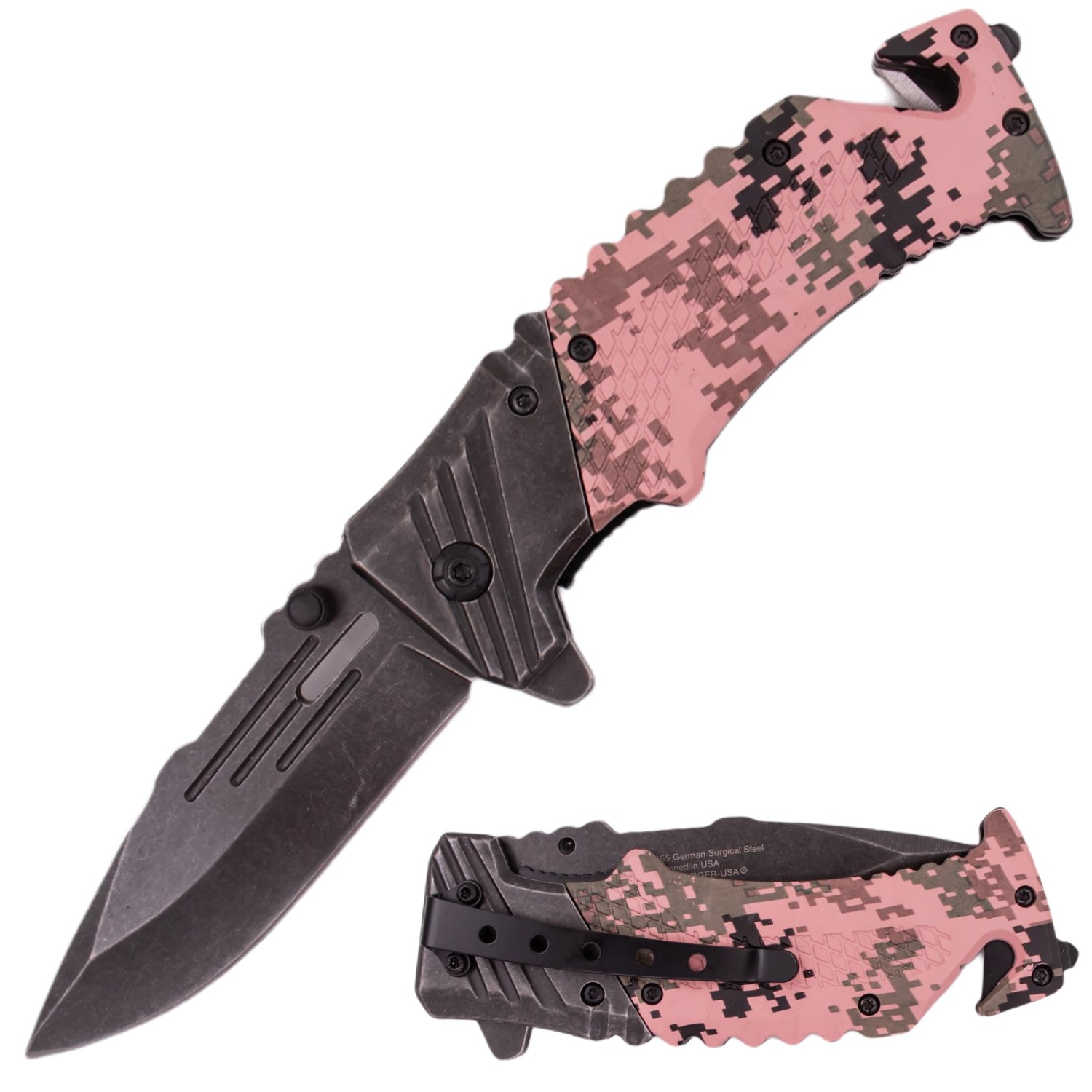 7 Inch Tiger USA Ergonomic Grip Stonewashed Spring Assisted Knife   Camo Pink
