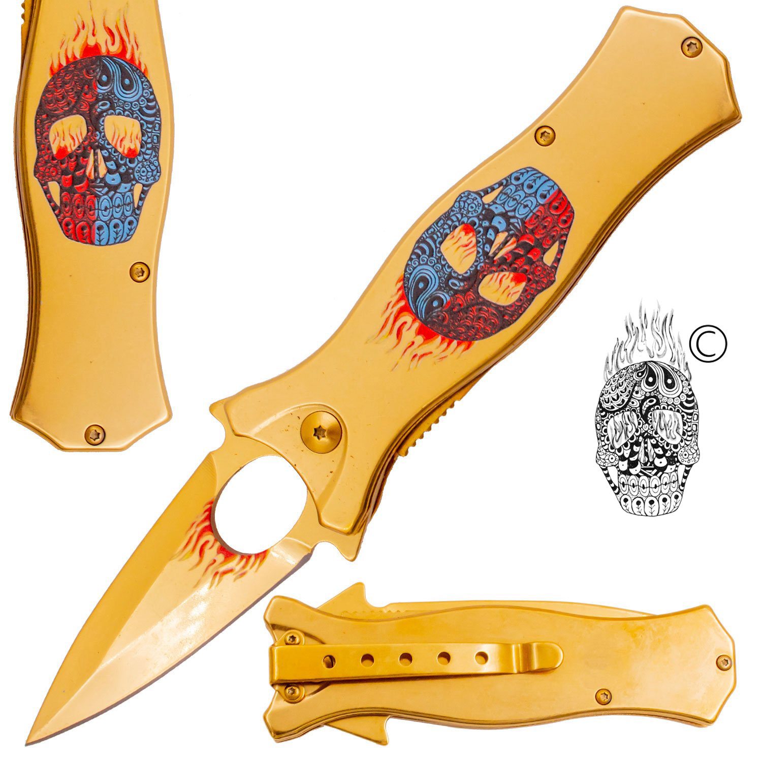 7.5 Inch Golden Ticket Spring Assisted Knife Flaming Sugar Skull (Red and Blue)