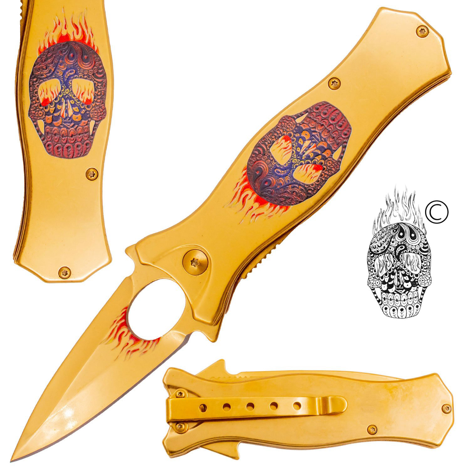 7.5 Inch Golden Ticket Spring Assisted Knife Flaming Sugar Skull (Red and Blue1)