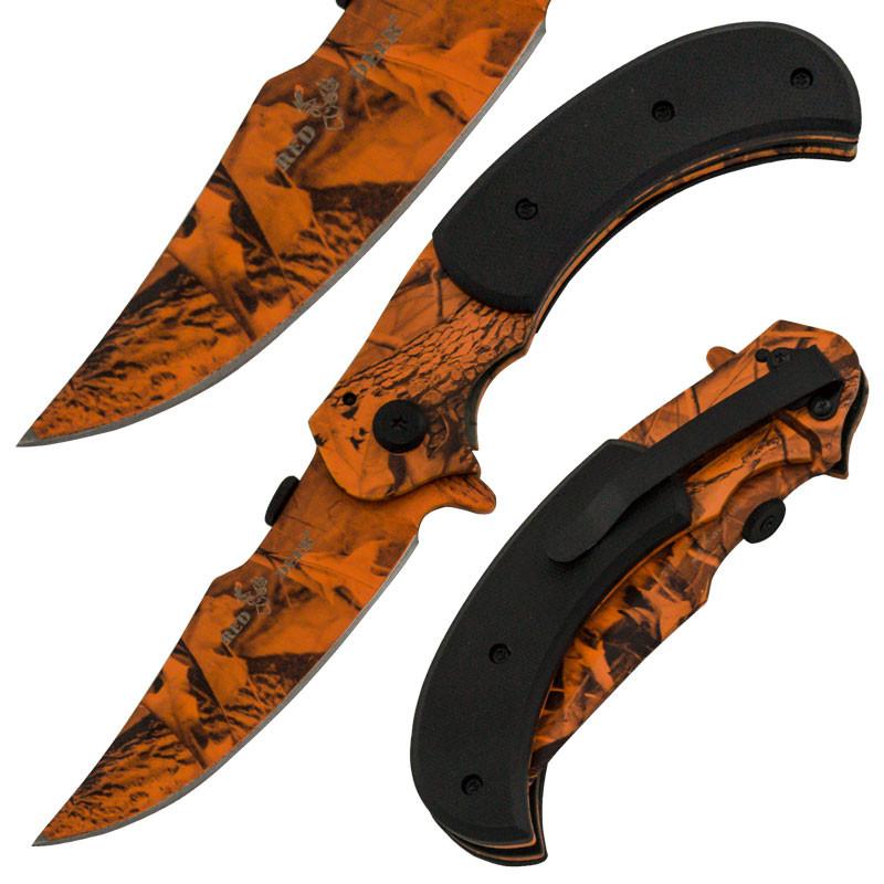 8 Inch Red Deer Trigger Action Outdoor Skinner Knife  Orange Leaf Camo