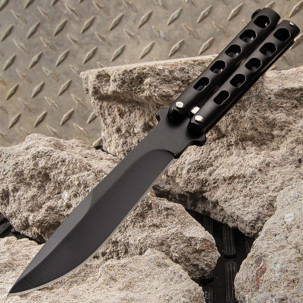 Black Slotted Butterfly Knife - Stainless Steel Blade, Skeletonized Steel