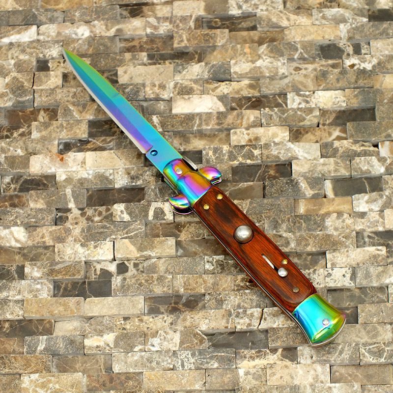 OG Godfather Italian Rainbow Stiletto Button Action Switchblade with quality Wood Handle