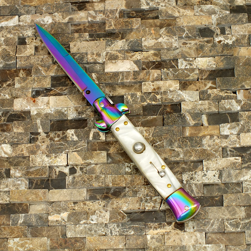 OG Godfather Italian Stiletto Rainbow Switchblade, White Marble handle