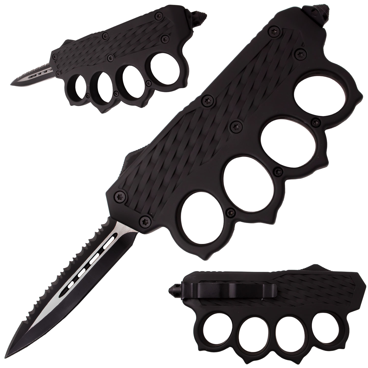 Covert Ops Military Elite Tactical Grip Rubberized OTF Automatic Knuckle Knife Serrated Blade