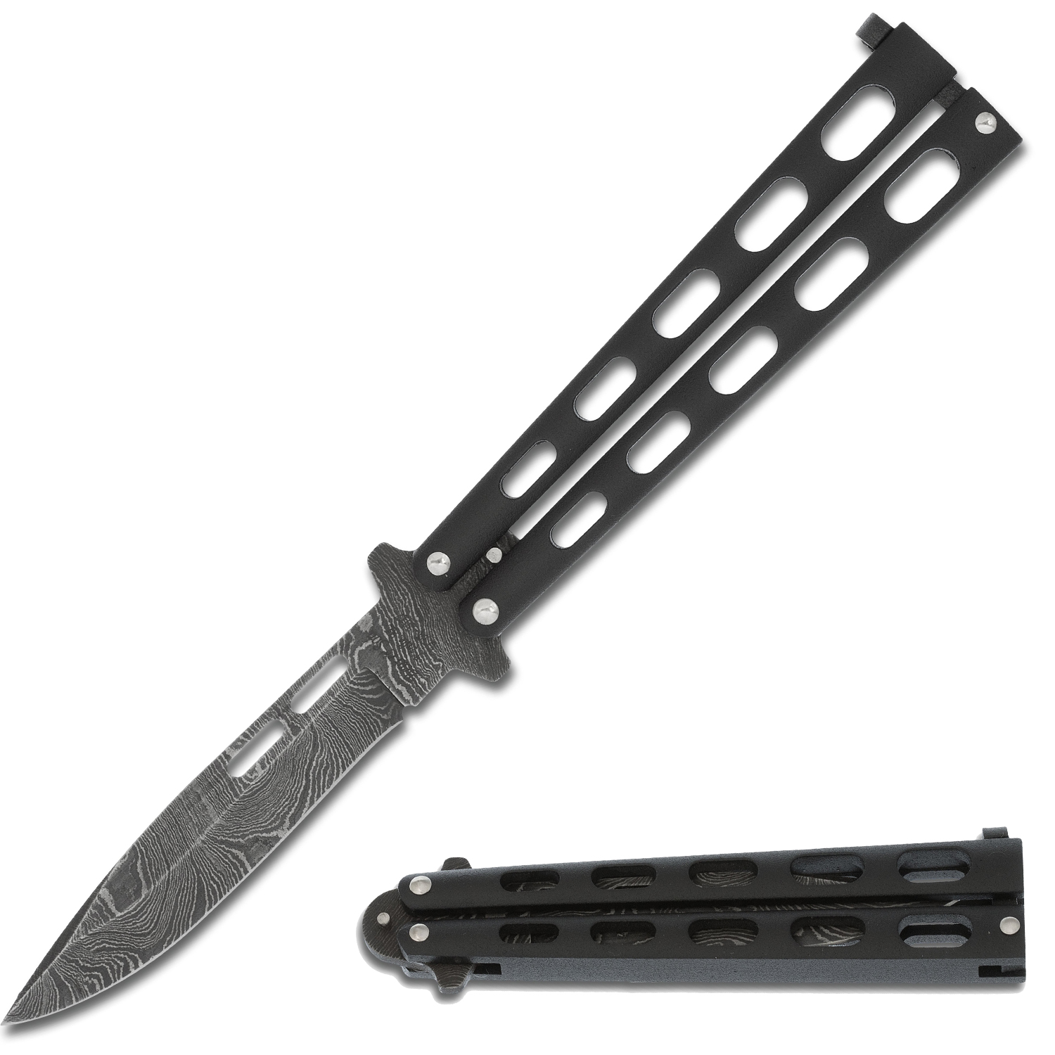 Bear & Son 115D Butterfly Knife 3.375 Inch Damascus Drop Point Blade, Black Zinc Handles