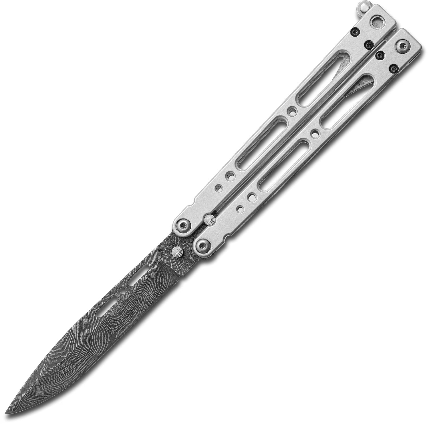 Bear OPS Butterfly Knife 4 Inch Damascus Blade, Silver Aluminum Handles