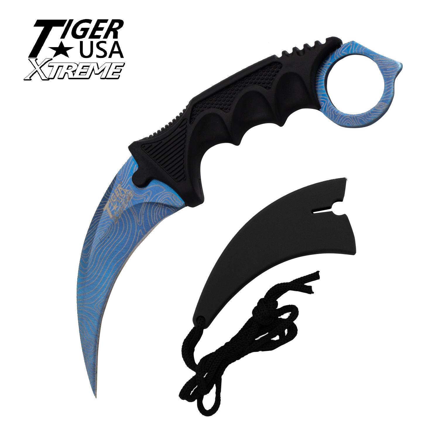 Blue Damascus Fixed Blade Karambit Neck Knife with Sheath