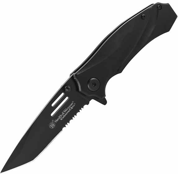 Extreme Ops, Black Aluminum Handle, Blade, Serrated, SWA22S