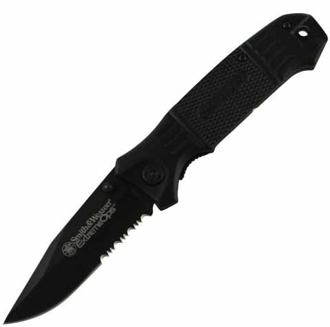 Extreme Ops, Drop Point, Black Handle & Blade, Combo, SWEX2S