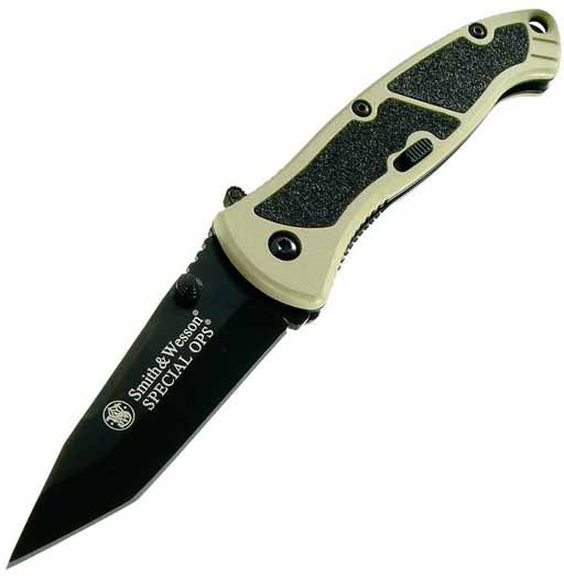 Large Special Ops. Tan Alum. Handle w/Black Blade, Plain, SWSPECLBD 