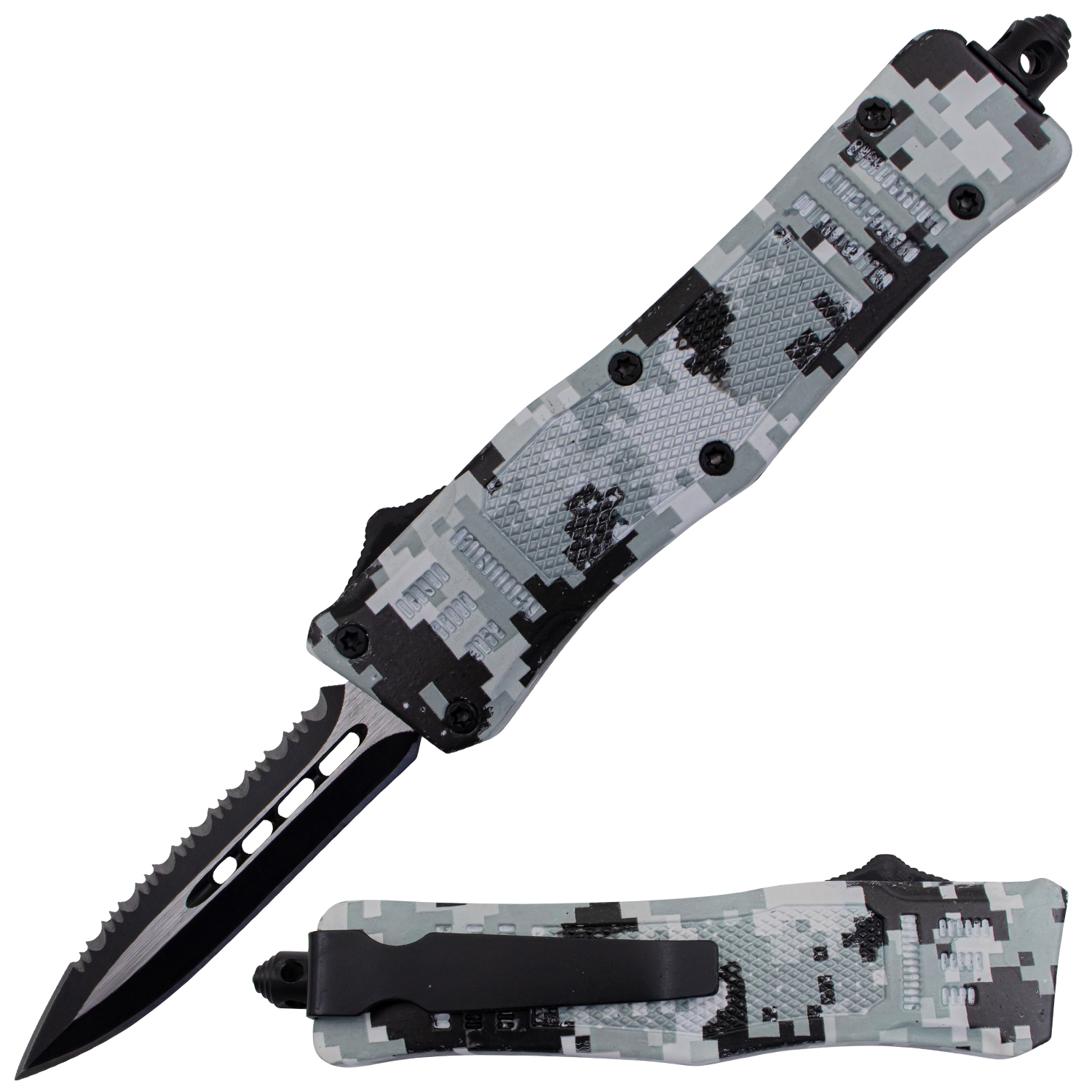 Covert OPS USA OTF Automatic Knife 7 Inch Overall Half Serrated BW Camo