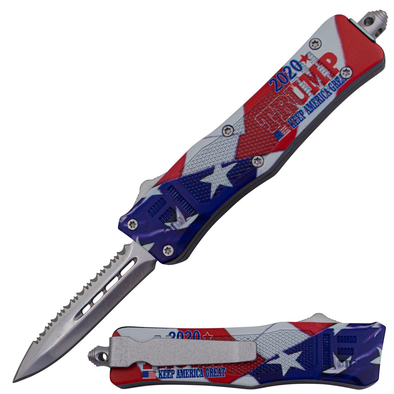 Covert OPS USA OTF Automatic Knife 7 Inch Overall Half Serrated Flag Trump