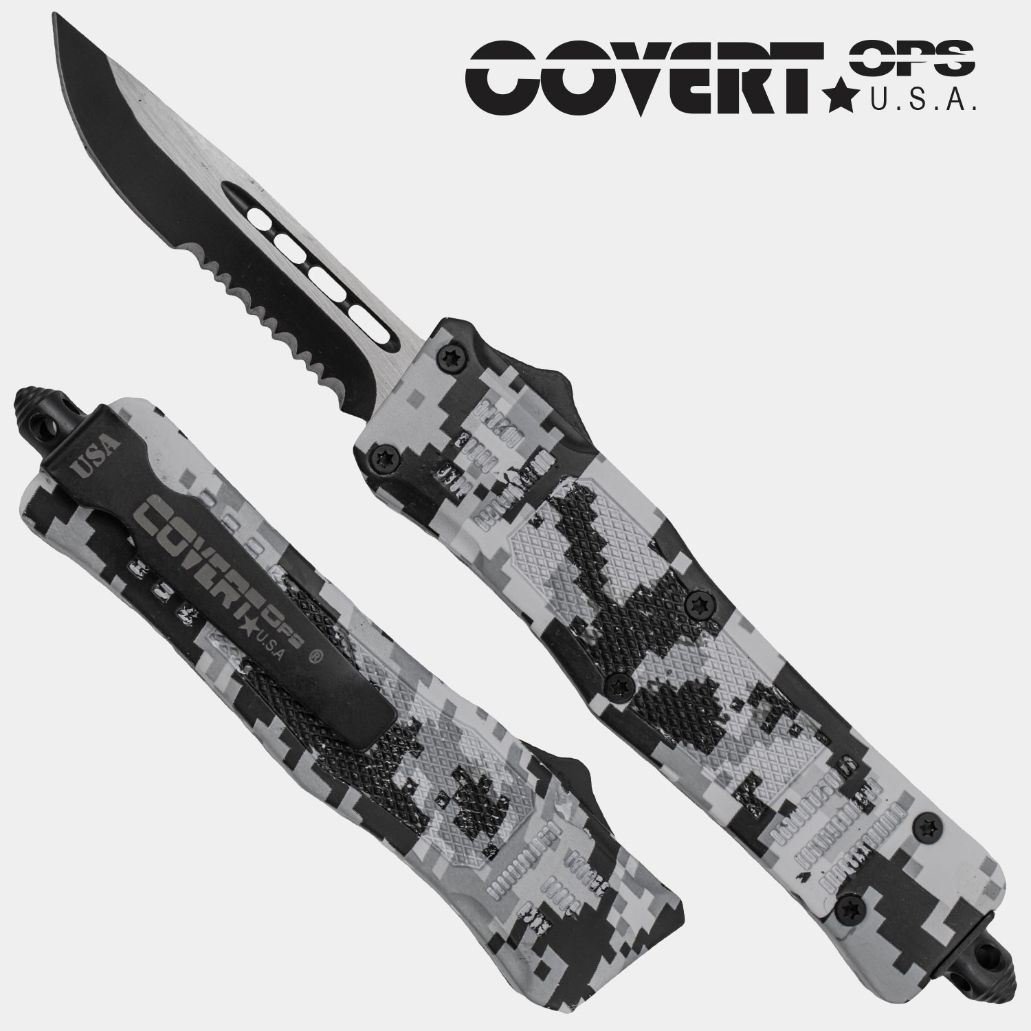 Covert OPS USA OTF Automatic Knife 7 Inch Snow Camo Handle Two Toned Drop Point