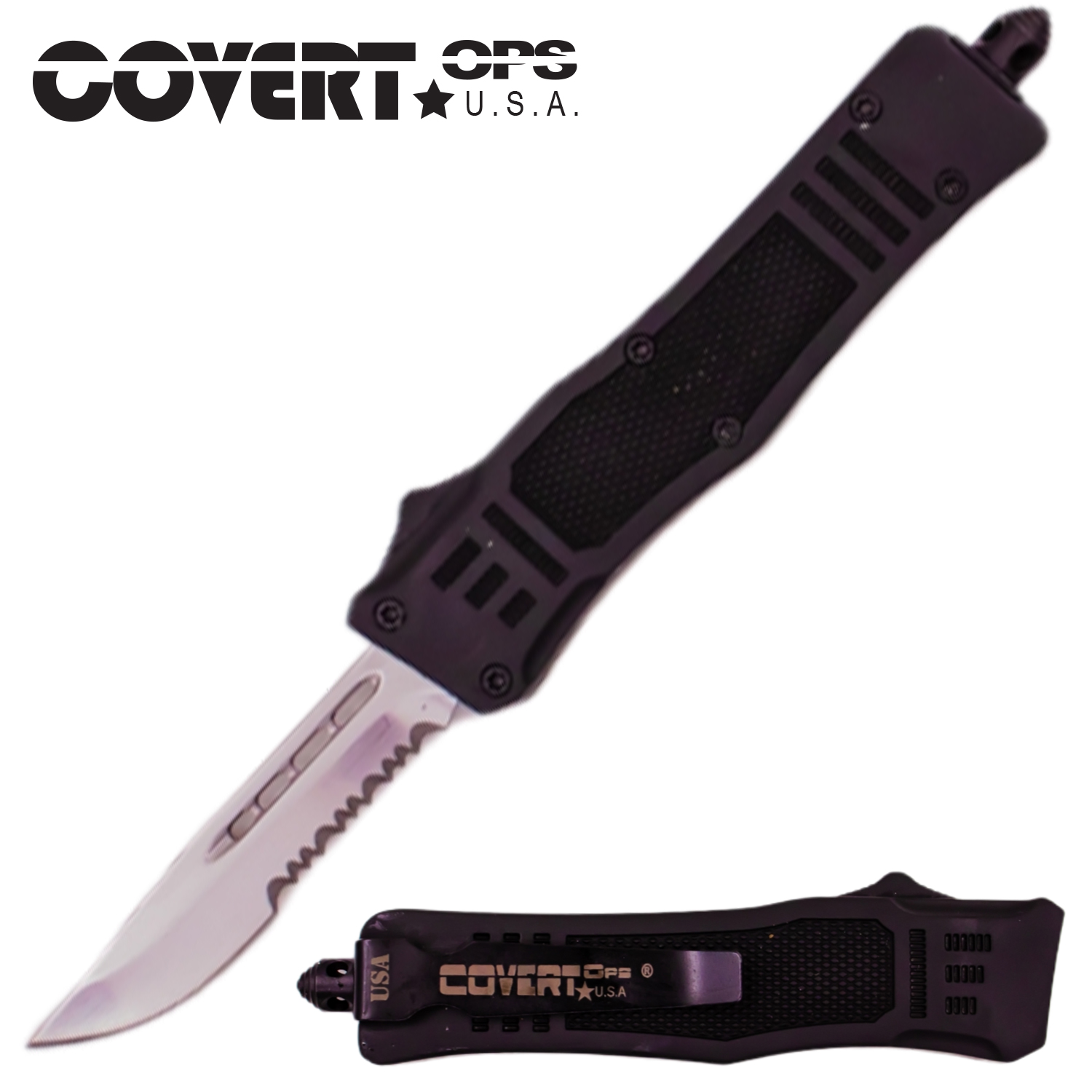 Covert OPS USA OTF Automatic Knife 7 inch Black Handle Chrome HalfSer