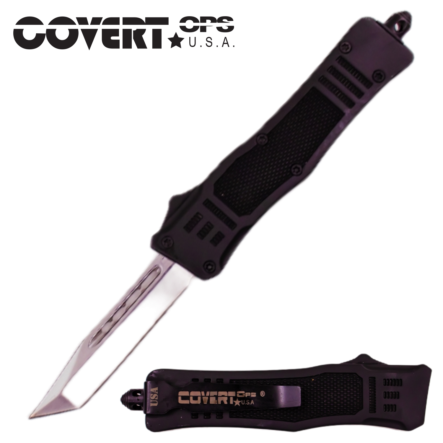 Covert OPS USA OTF Automatic Knife 7 inch Black Handle Tanto Chrome