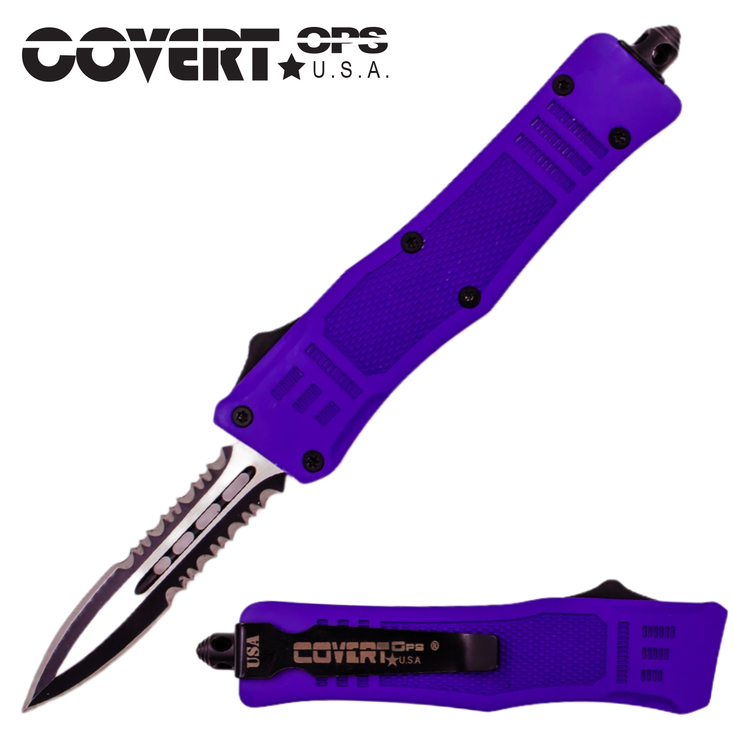 Covert OPS USA OTF Automatic Knife 7 inch Purple Handle Double Serr 2T
