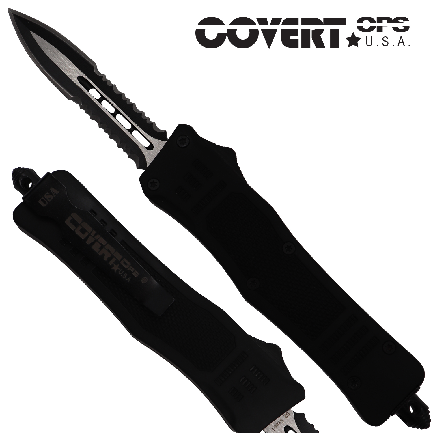 Covert OPS USA OTF Automatic Knife 7 inch overall Black Handle Two Tone Double Edge D2 Steel Blade