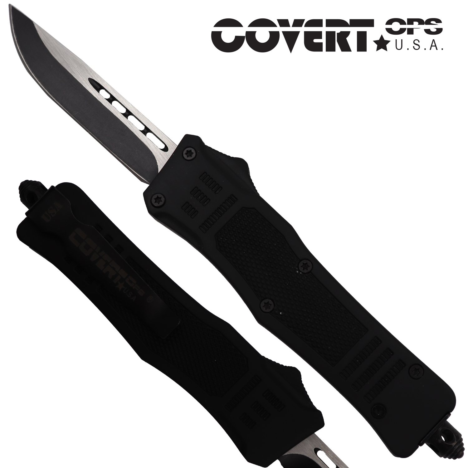 Covert OPS USA OTF Automatic Knife 7 inch overall Black Handle Two Tone Drop Point D2 Steel Blade