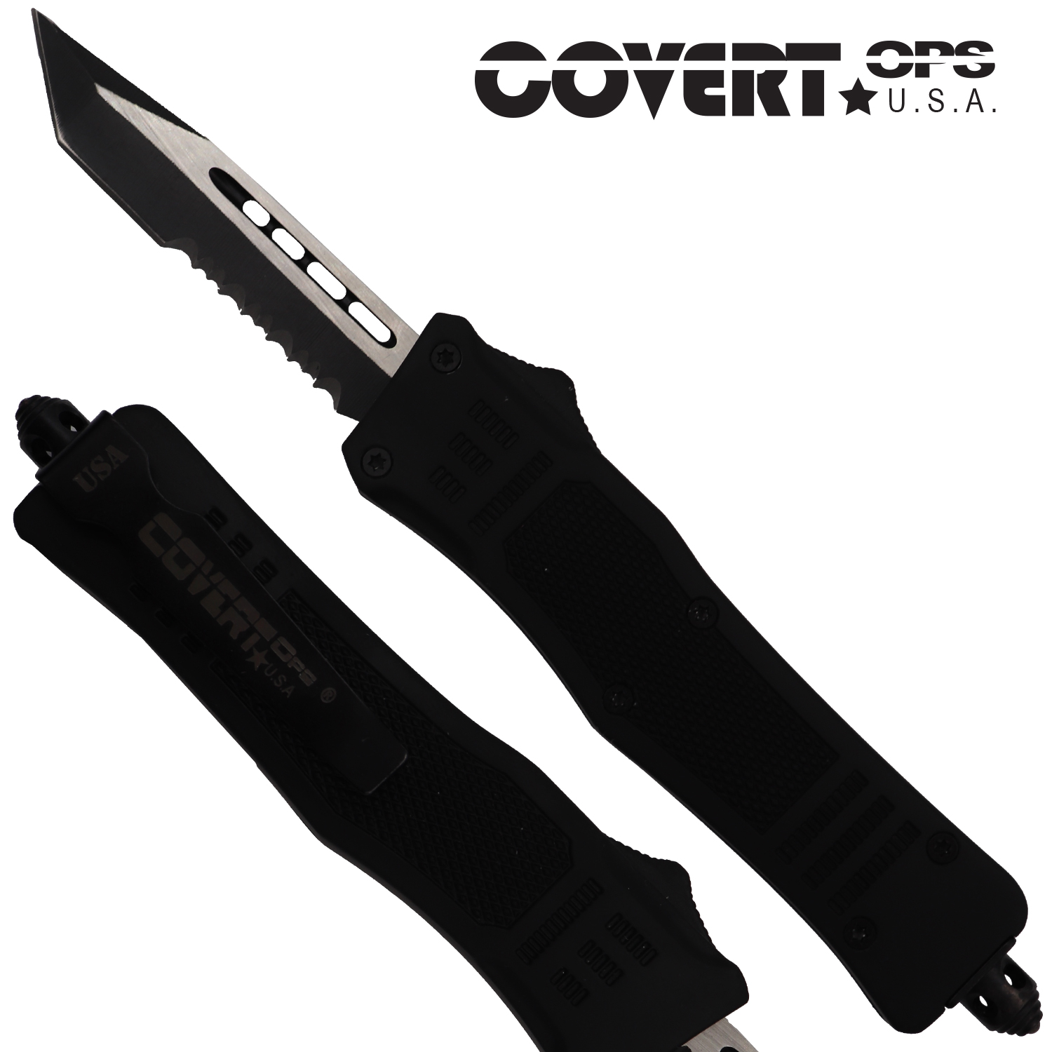 Covert OPS USA OTF Automatic Knife 7 inch overall Black Handle Two Tone Tanto D2 Steel Blade
