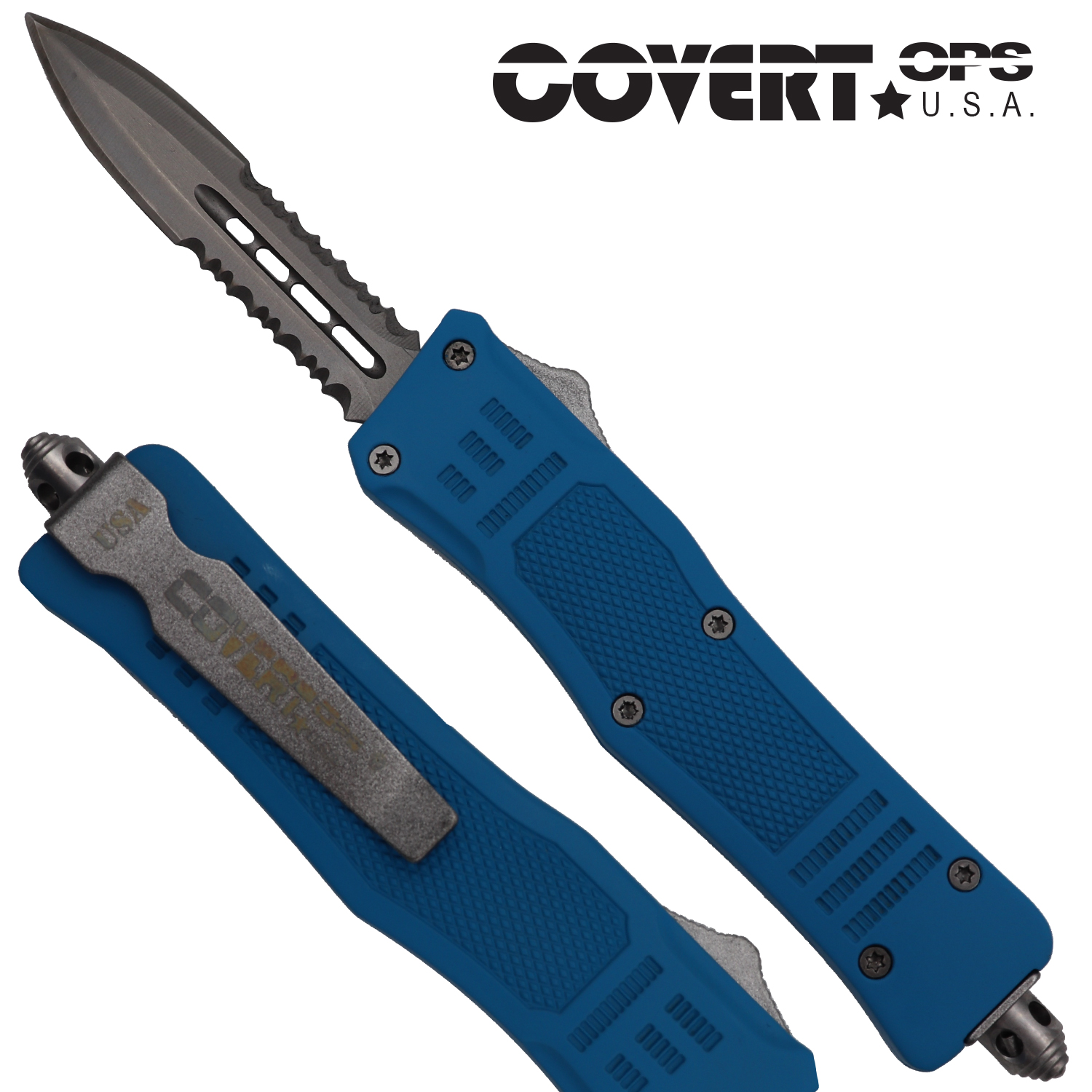 Covert OPS USA OTF Automatic Knife 7 inch overall Blue Handle Silver Double Edge D2 Steel Blade
