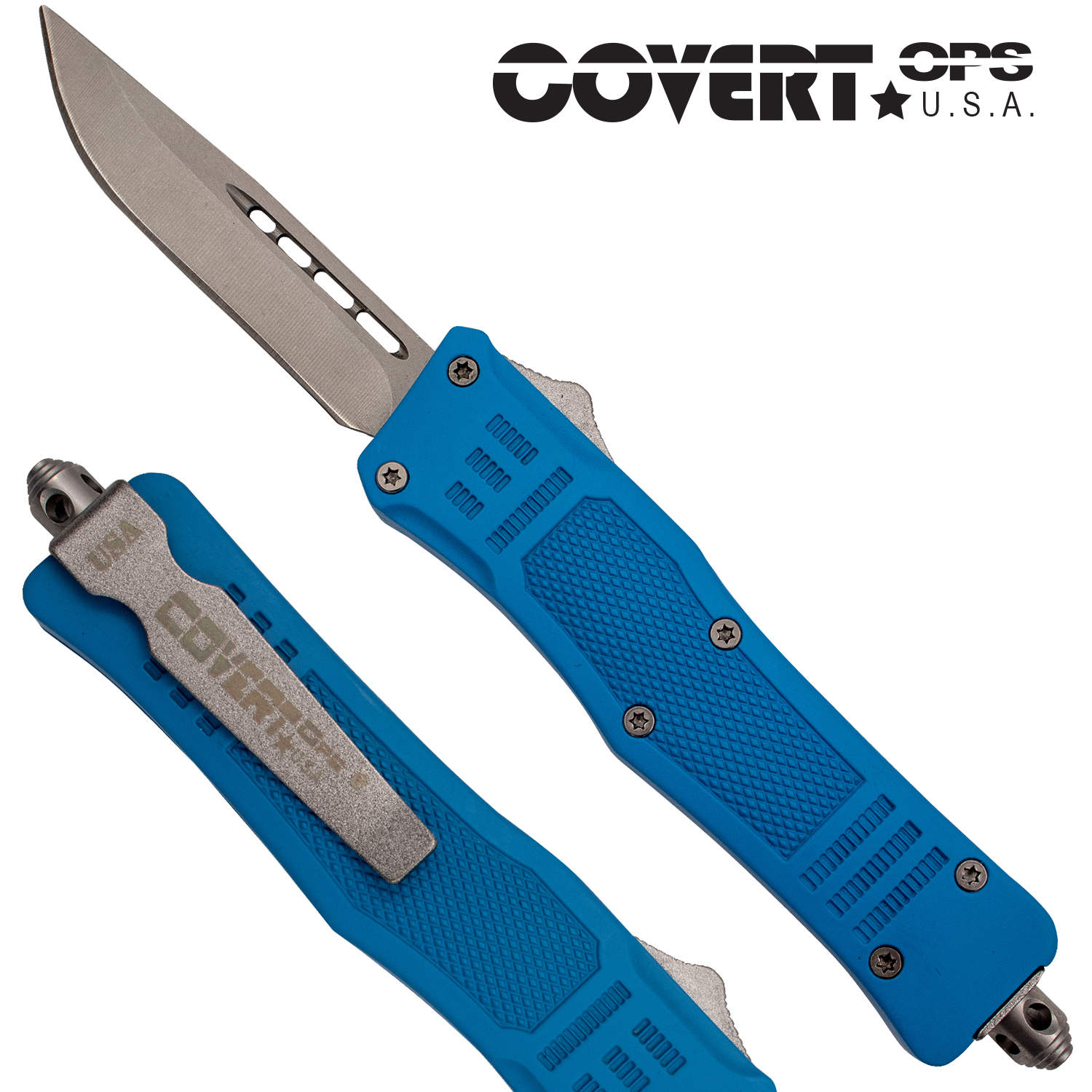 Covert OPS USA OTF Automatic Knife 7 inch overall Blue Handle Silver Drop Point D2 Steel Blade