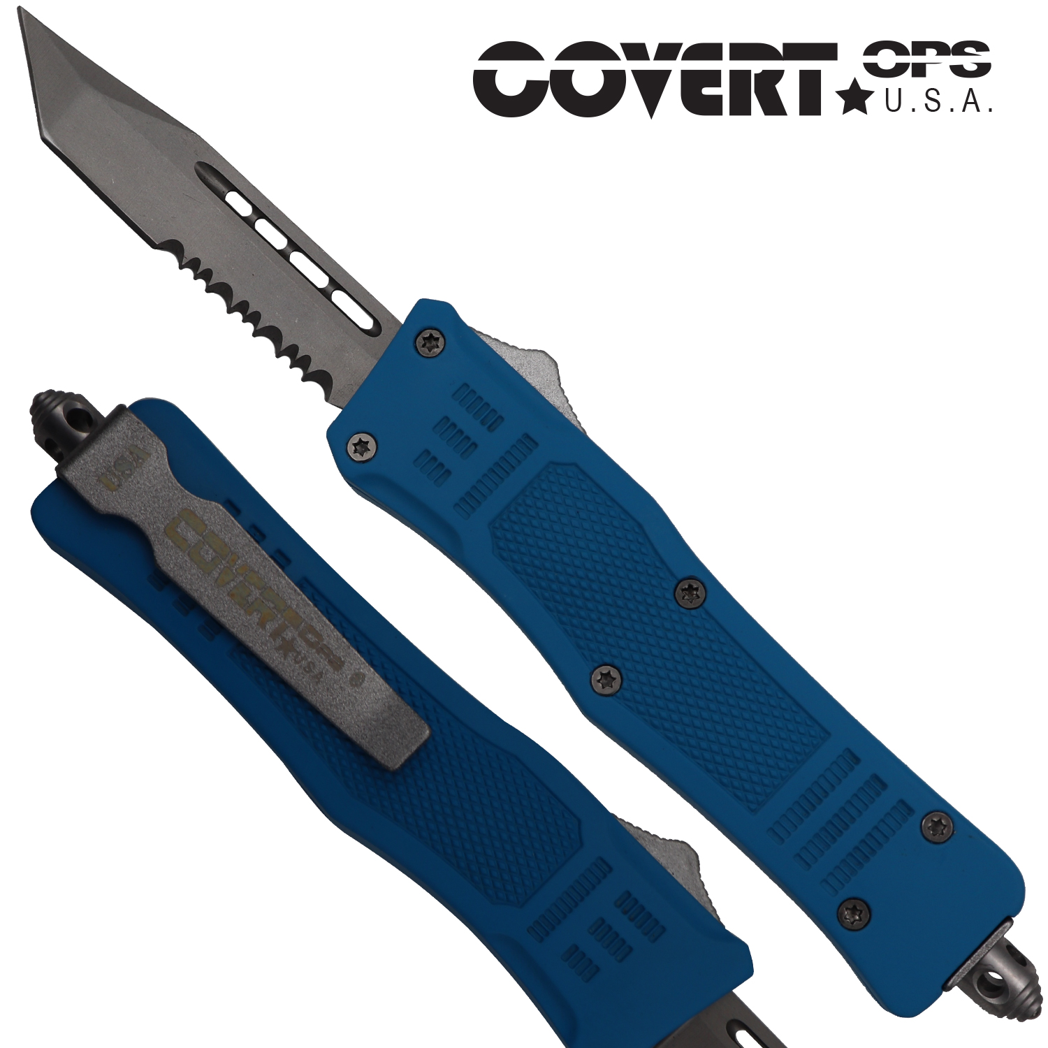 Covert OPS USA OTF Automatic Knife 7 inch overall Blue Handle Silver Tanto D2 Steel Blade