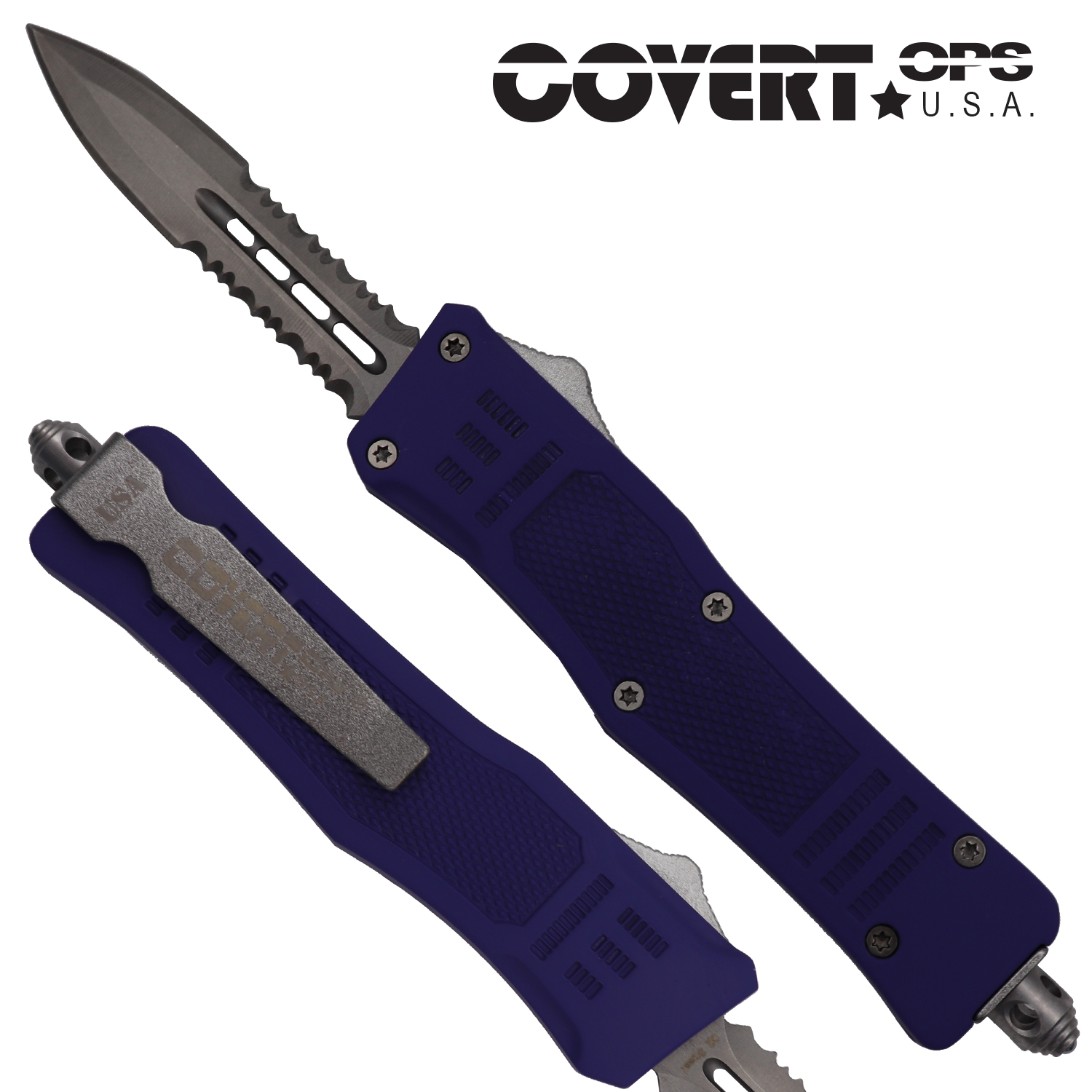 Covert OPS USA OTF Automatic Knife 7 inch overall Purple Handle Silver Double Edge D2 Steel Blade