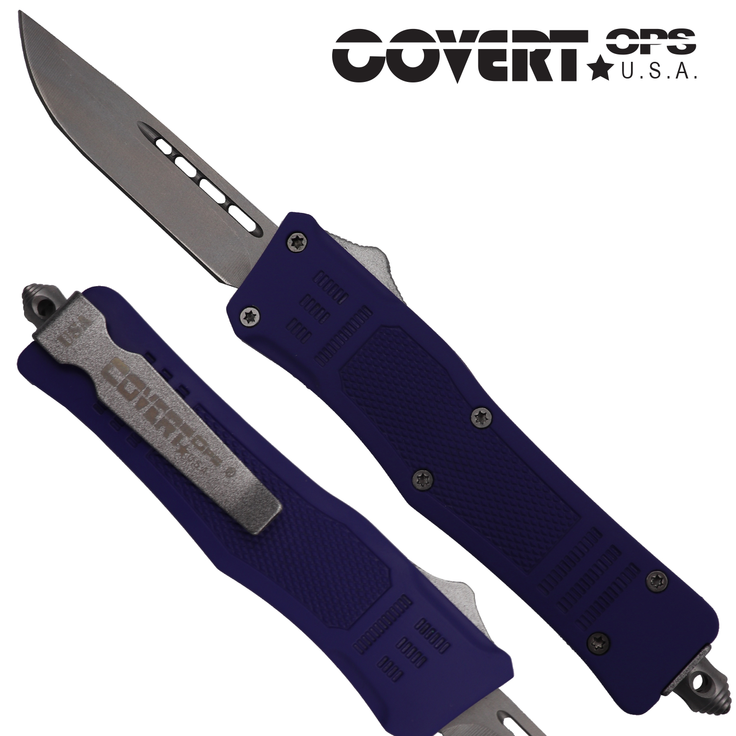 Covert OPS USA OTF Automatic Knife 7 inch overall Purple Handle Silver Drop Point D2 Steel Blade