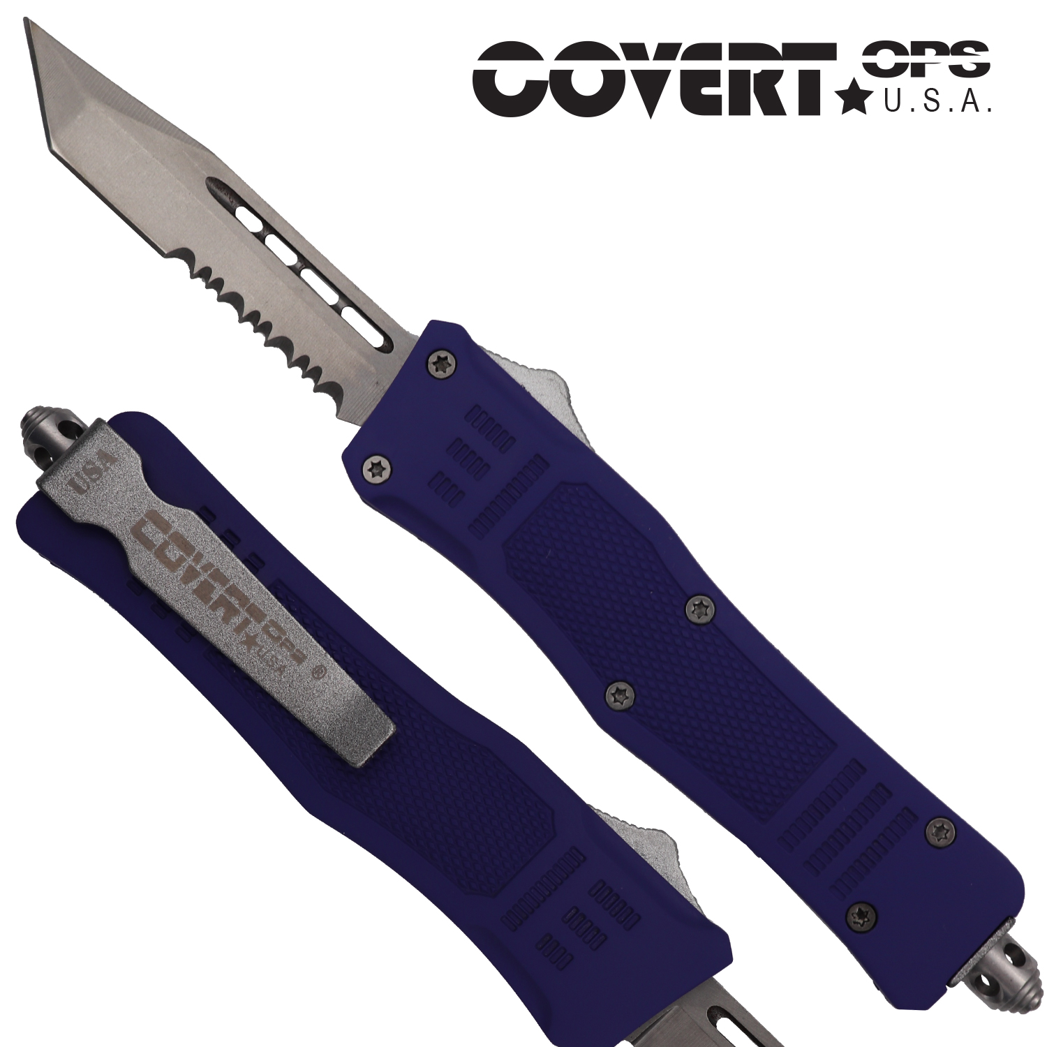 Covert OPS USA OTF Automatic Knife 7 inch overall Purple Handle Silver Tanto D2 Steel Blade