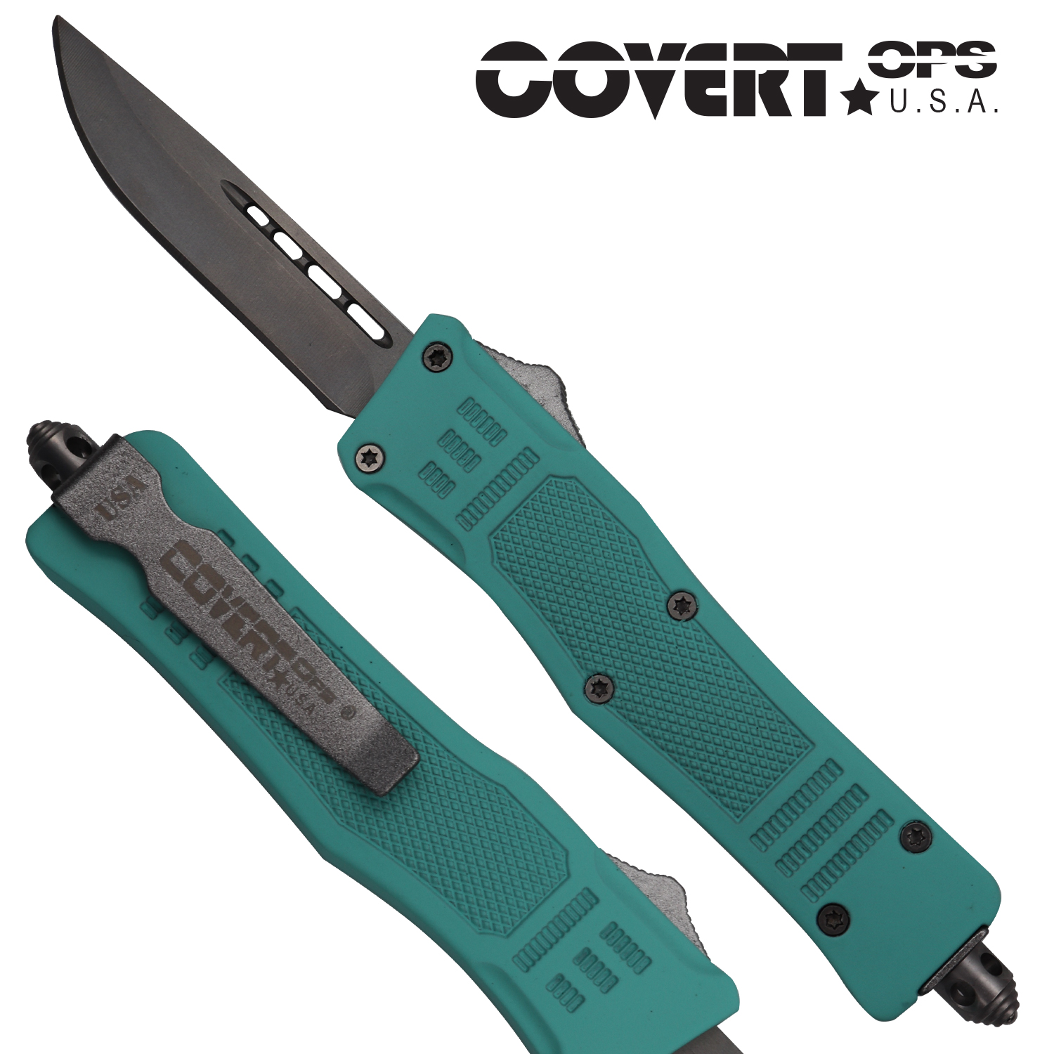 Covert OPS USA OTF Automatic Knife 7 inch overall Tiffany Blue Handle Silver Drop Point D2 Steel Blade
