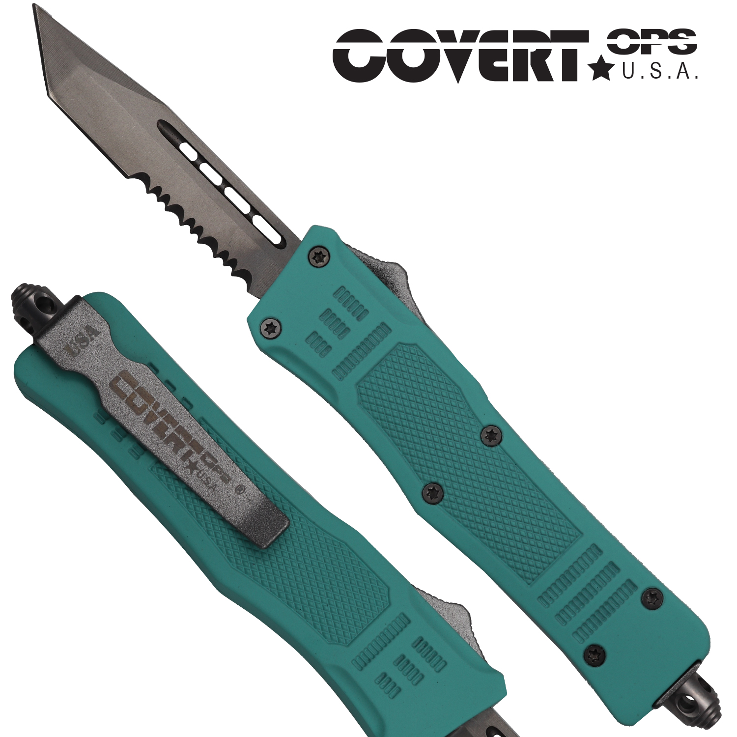 Covert OPS USA OTF Automatic Knife 7 inch overall Tiffany Blue Handle Silver Tanto D2 Steel Blade