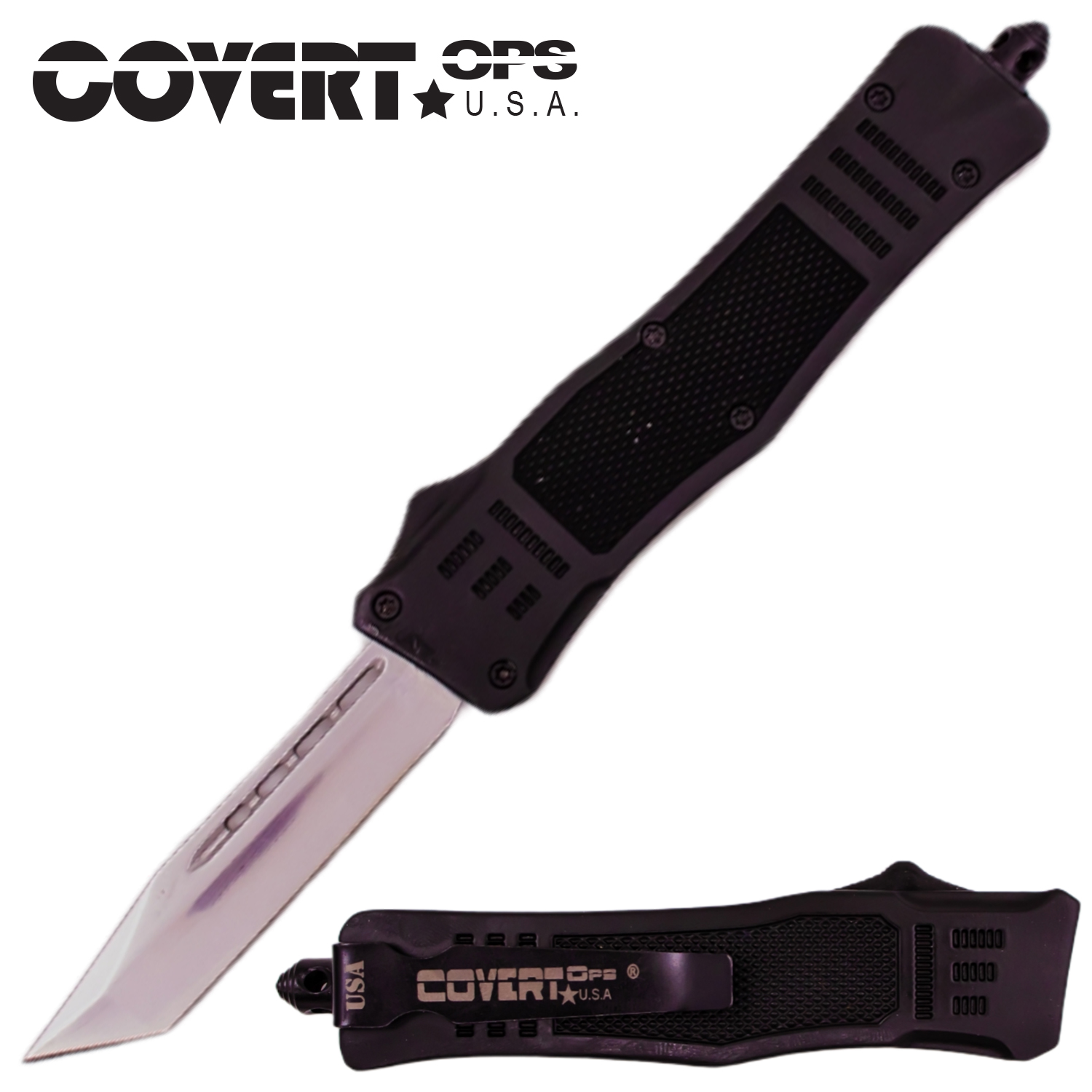 Covert OPS USA OTF Automatic Knife 8 Inch Black Handle Chrome Tanto