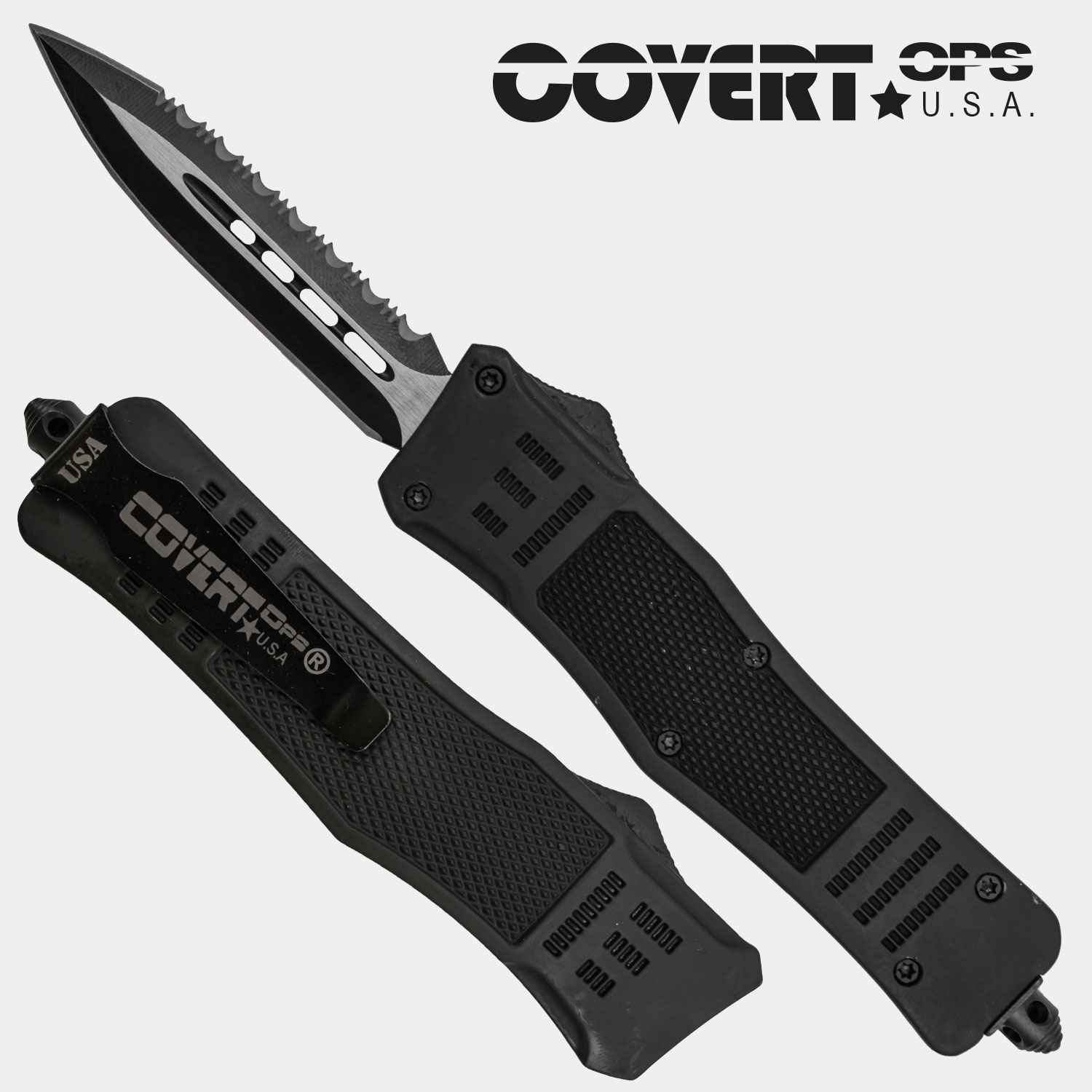 Covert OPS USA OTF Automatic Knife 8 Inch Black Handle Two Tone Dagger Serrated