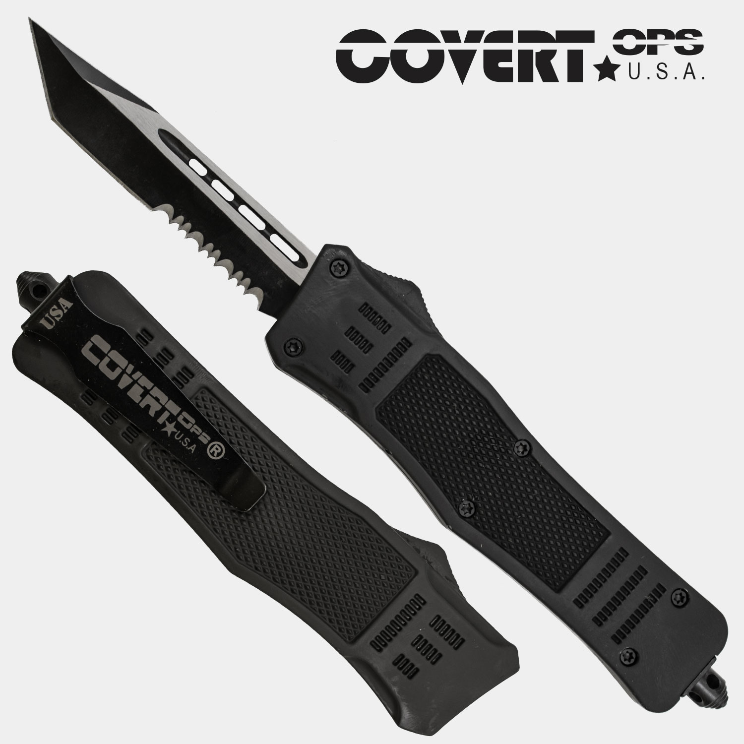 Covert OPS USA OTF Automatic Knife 8 Inch Black Handle Two Tone Tanto