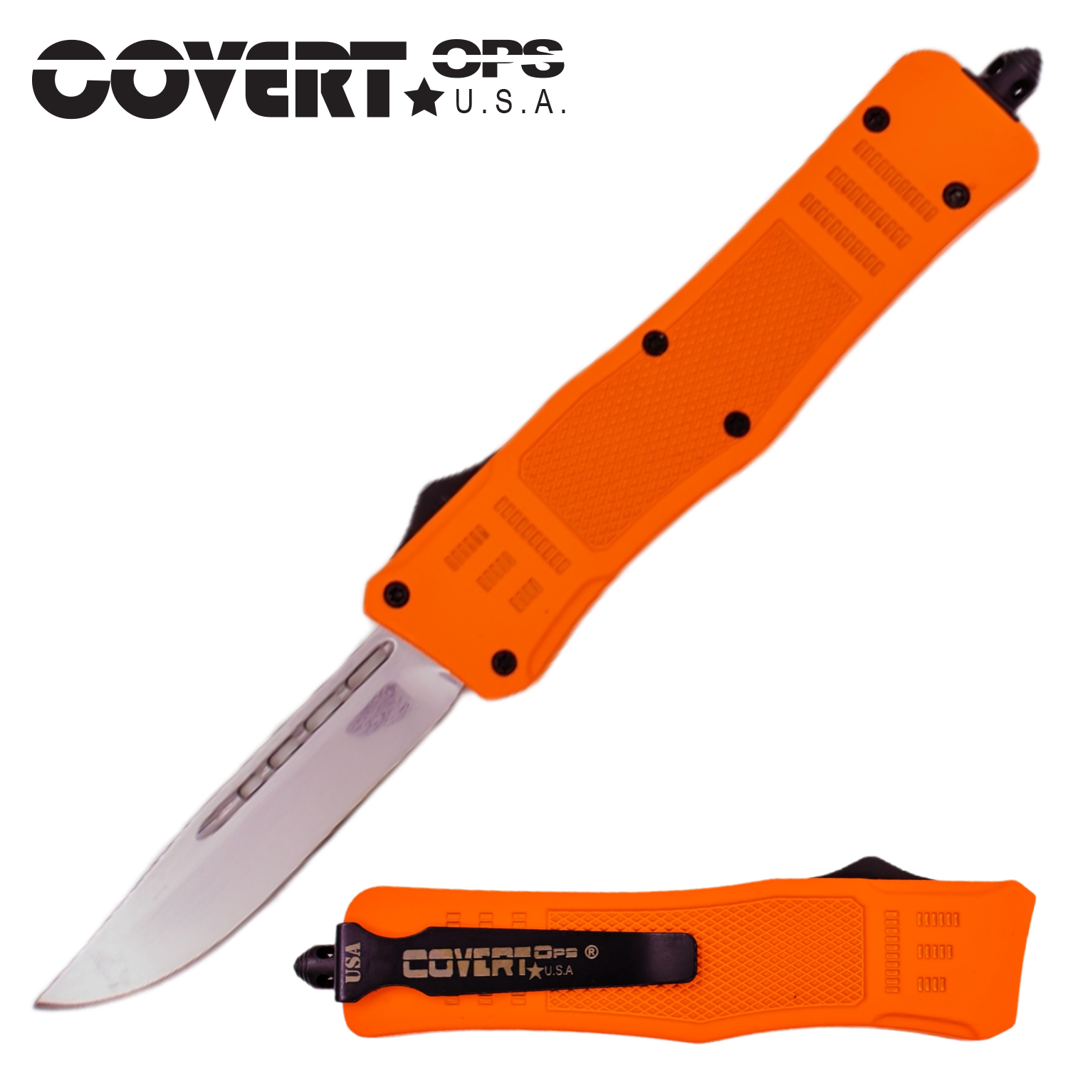 Covert OPS USA OTF Automatic Knife 8 Inch Orange Handle DP