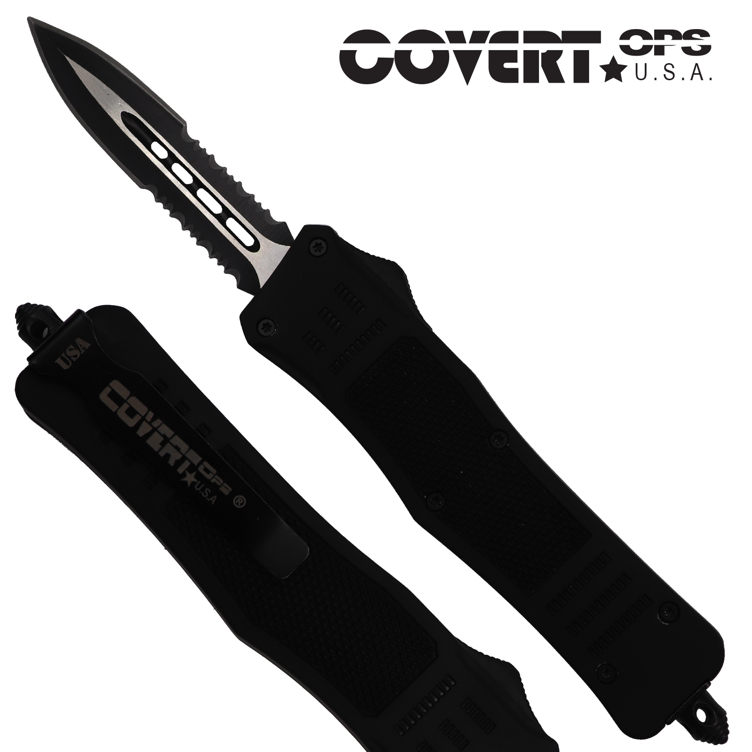 Covert OPS USA OTF Automatic Knife 8 inch overall Black Handle Two Tone Double Edge D2 Steel Blade