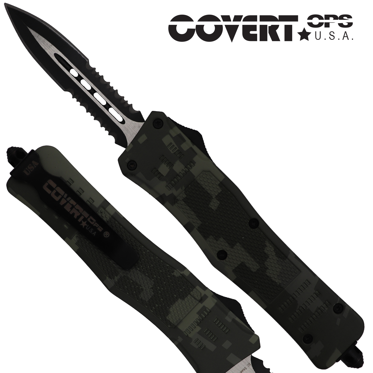 Covert OPS USA OTF Automatic Knife 8 inch overall Digital Camo Handle Two Tone Double Edge D2 Steel Blade