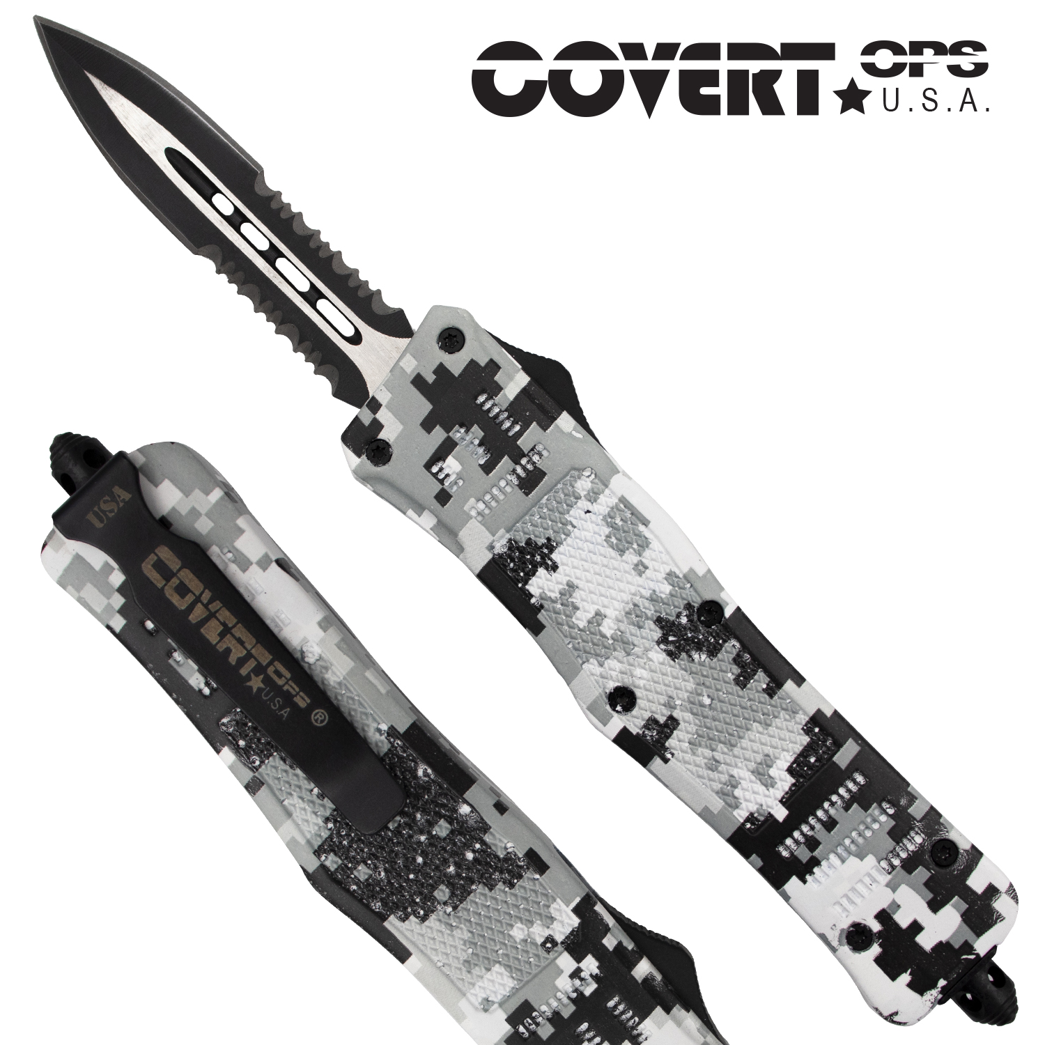 Covert OPS USA OTF Automatic Knife 8 inch overall Snow Camo Handle Two Tone Double Edge D2 Steel Blade