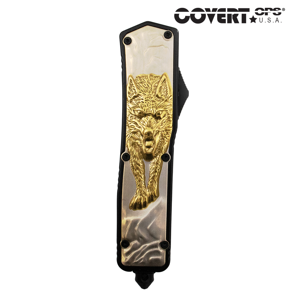 Covert OPS USA OTF Automatic Knife 8.75 Inch Overall Wolf Handle Gold Two Toned Tanto