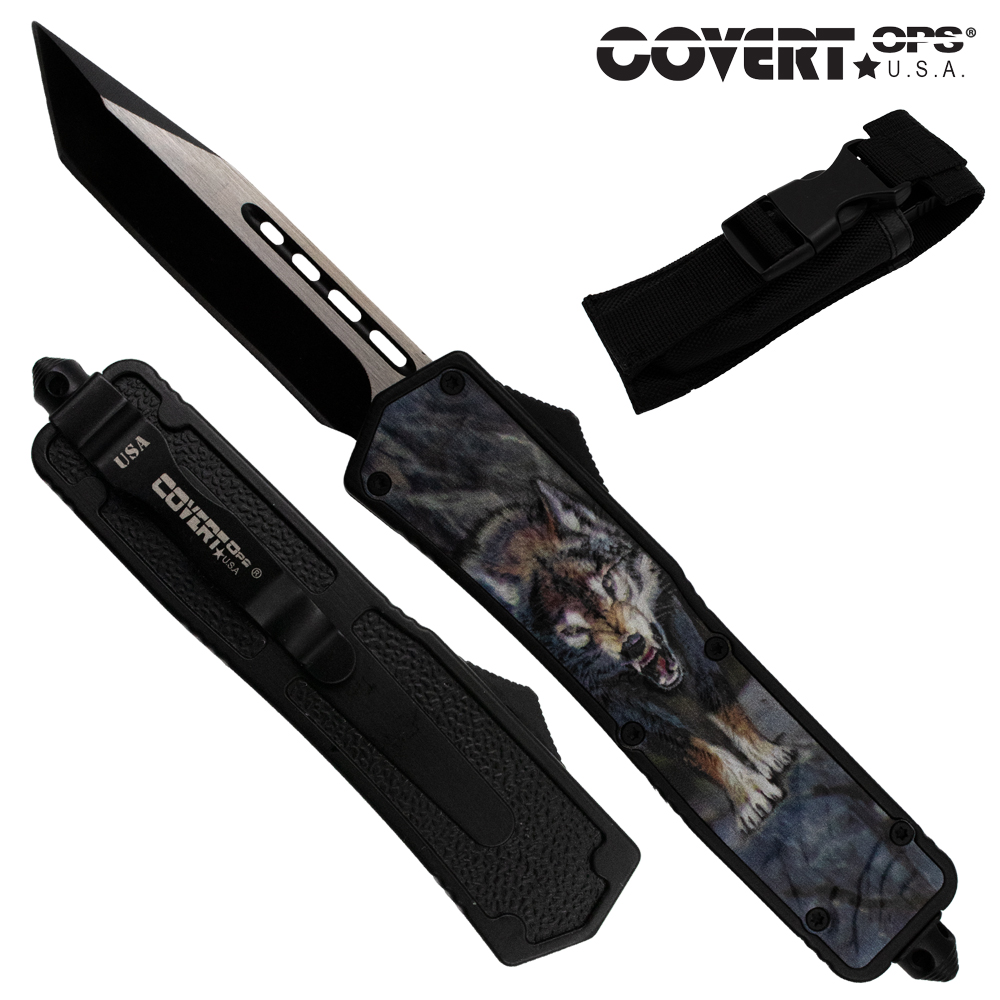 Covert OPS USA OTF Automatic Knife 8.75 Inch Overall Wolf Handle Two Toned Tanto
