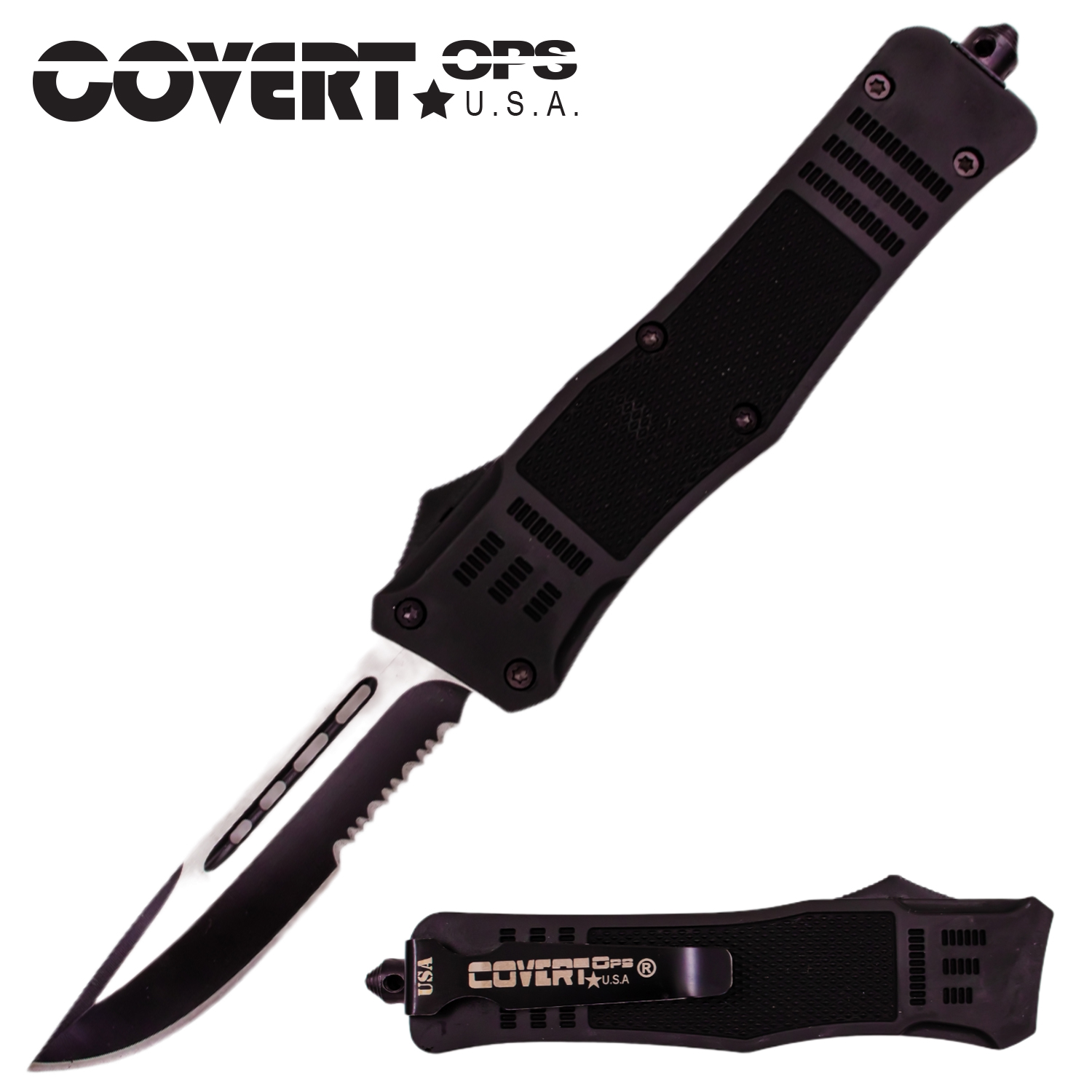 Covert OPS USA OTF Automatic Knife 9 inch Black D2 Steel Blade DP Serr