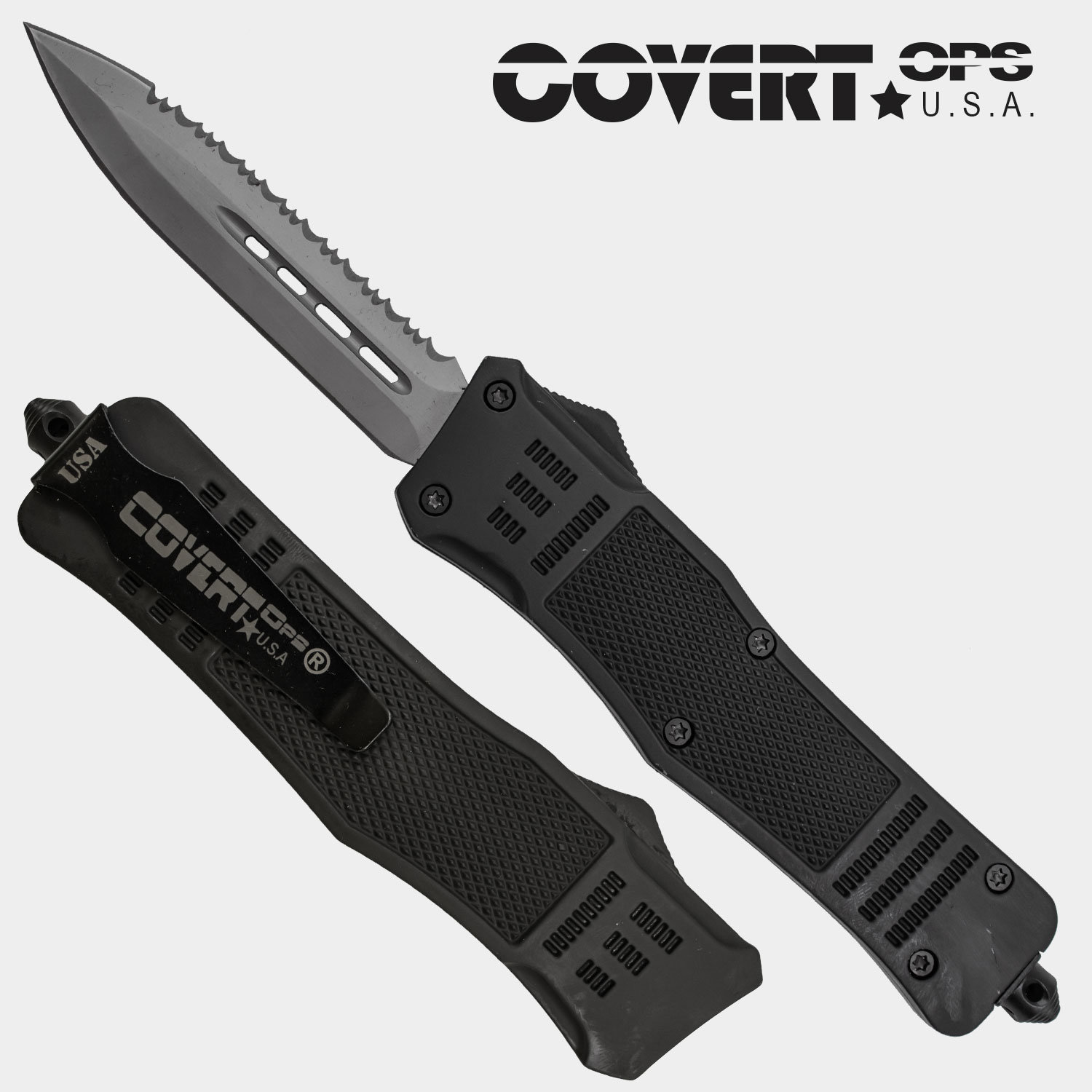 Covert OPS USA OTF Automatic Knife 9 inch Black Handle Silver Half Serrated Blade