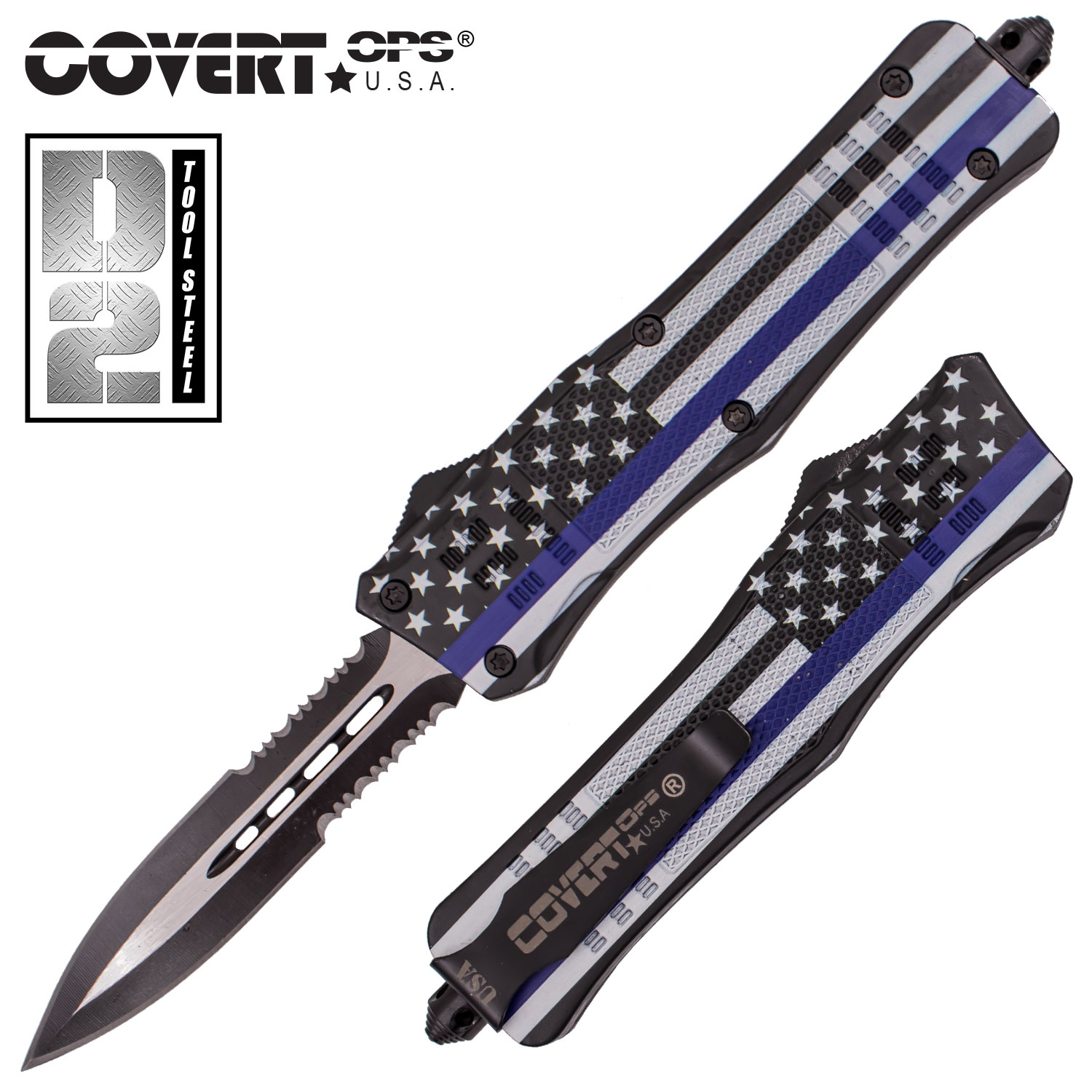 Covert OPS USA OTF Automatic Knife 9 inch Blue D2 Steel Blade HalfS