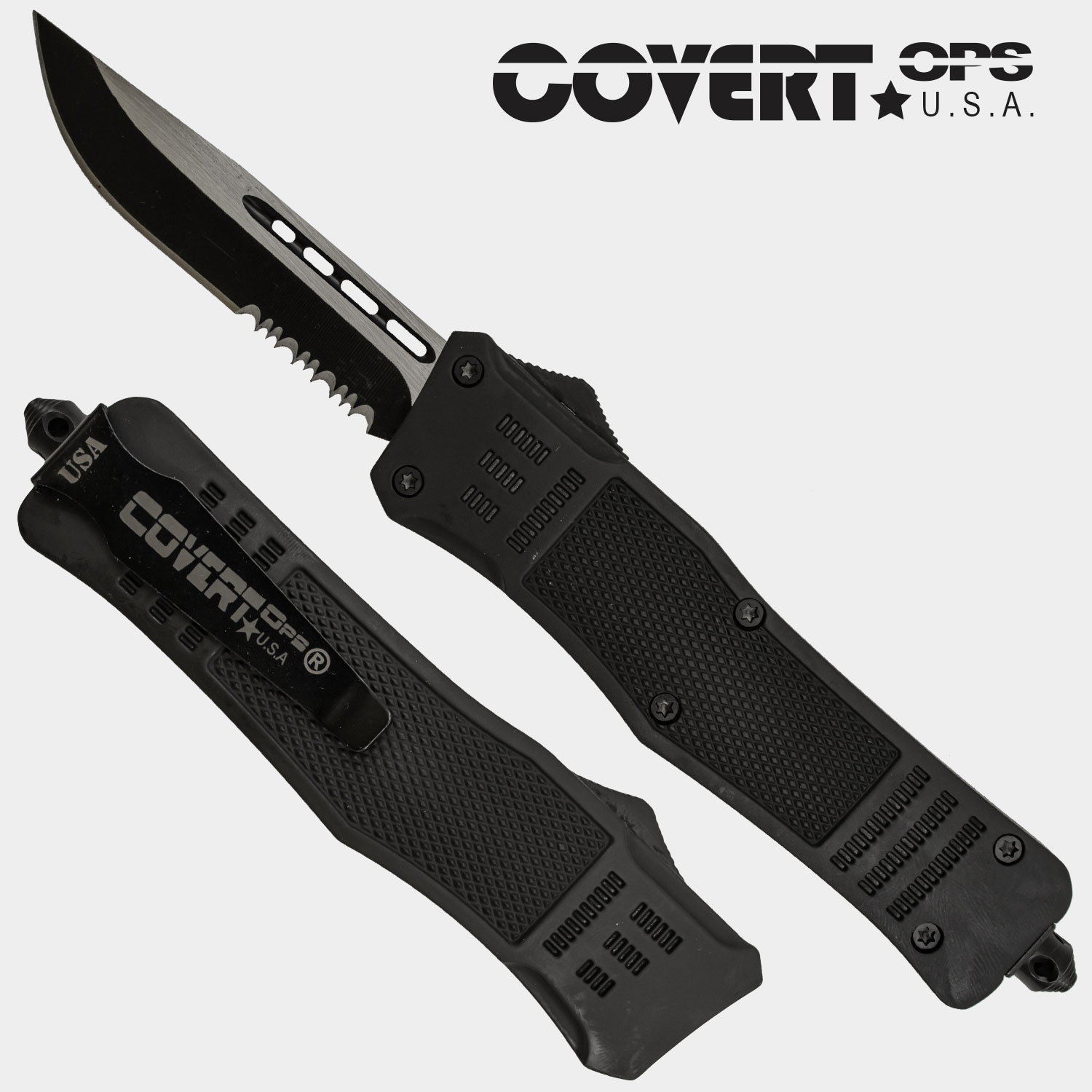 Covert OPS USA OTF Automatic Knife 9 inch Overall Black Handle Two Tone Plain Serrated D2 Steel Blade