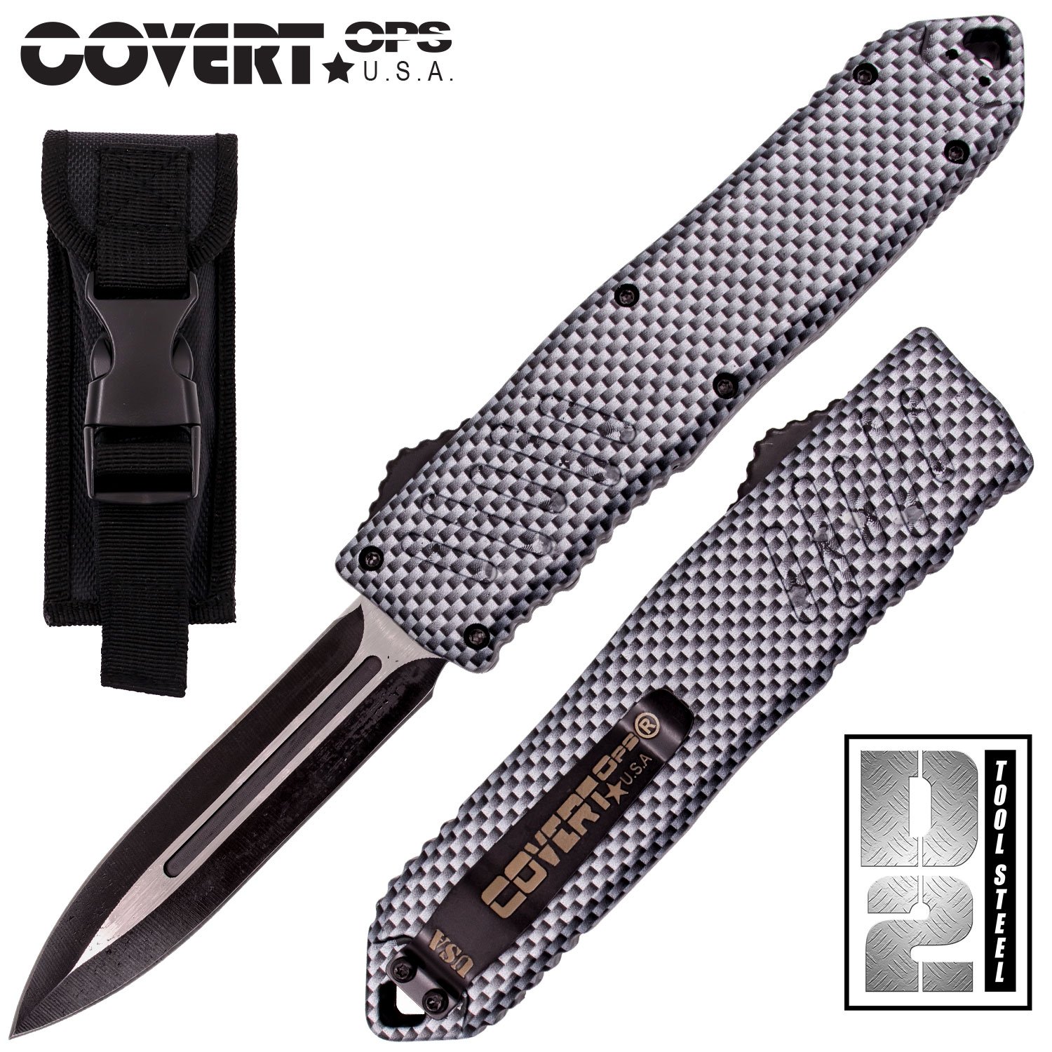 Covert OPS USA OTF Automatic Knife 9 inch Overall D2 Steel Blade Carbon Fiber